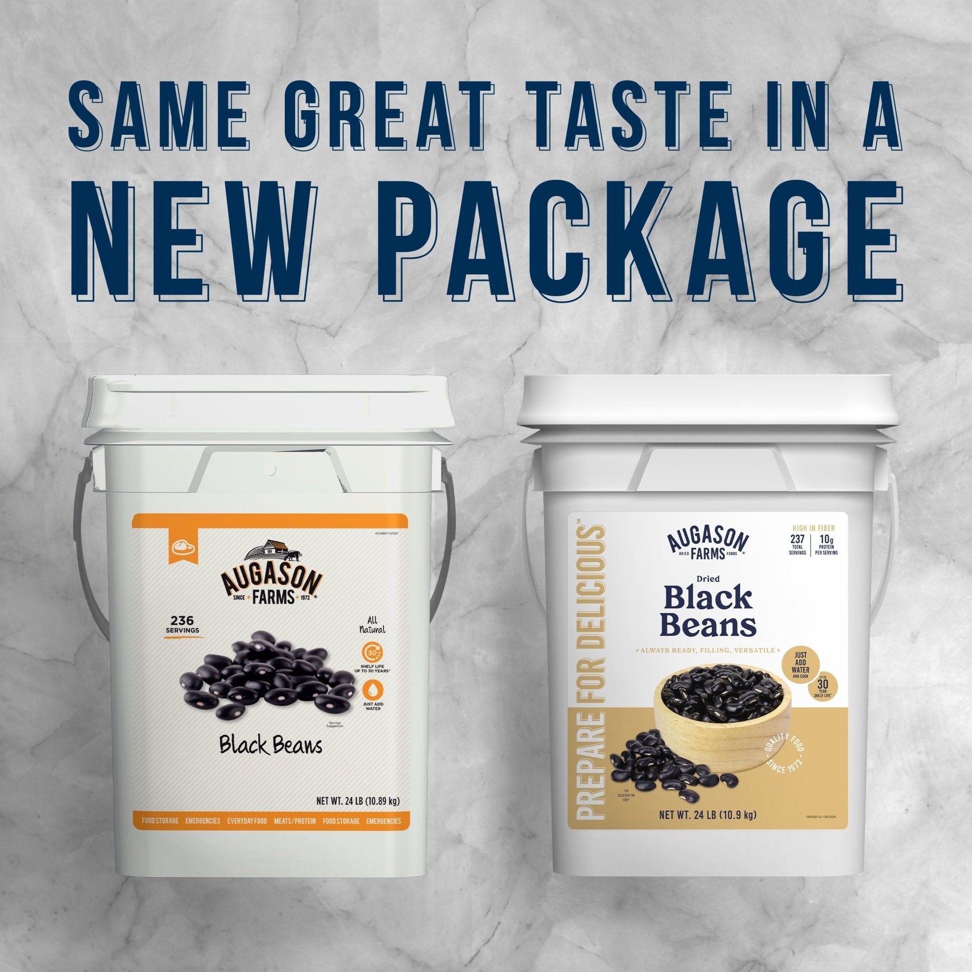 Dried black beans in a large Augason Farms 4-gallon pail, suitable for long-term storage and cooking.