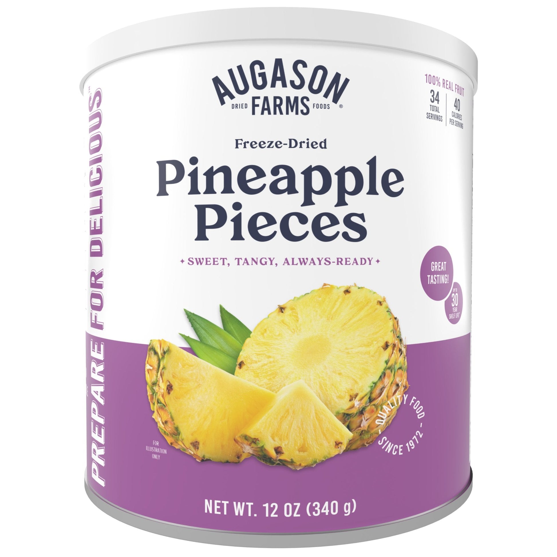 Can of Augason Farms freeze dried pineapple pieces showing vibrant dried pineapple chunks inside the can.