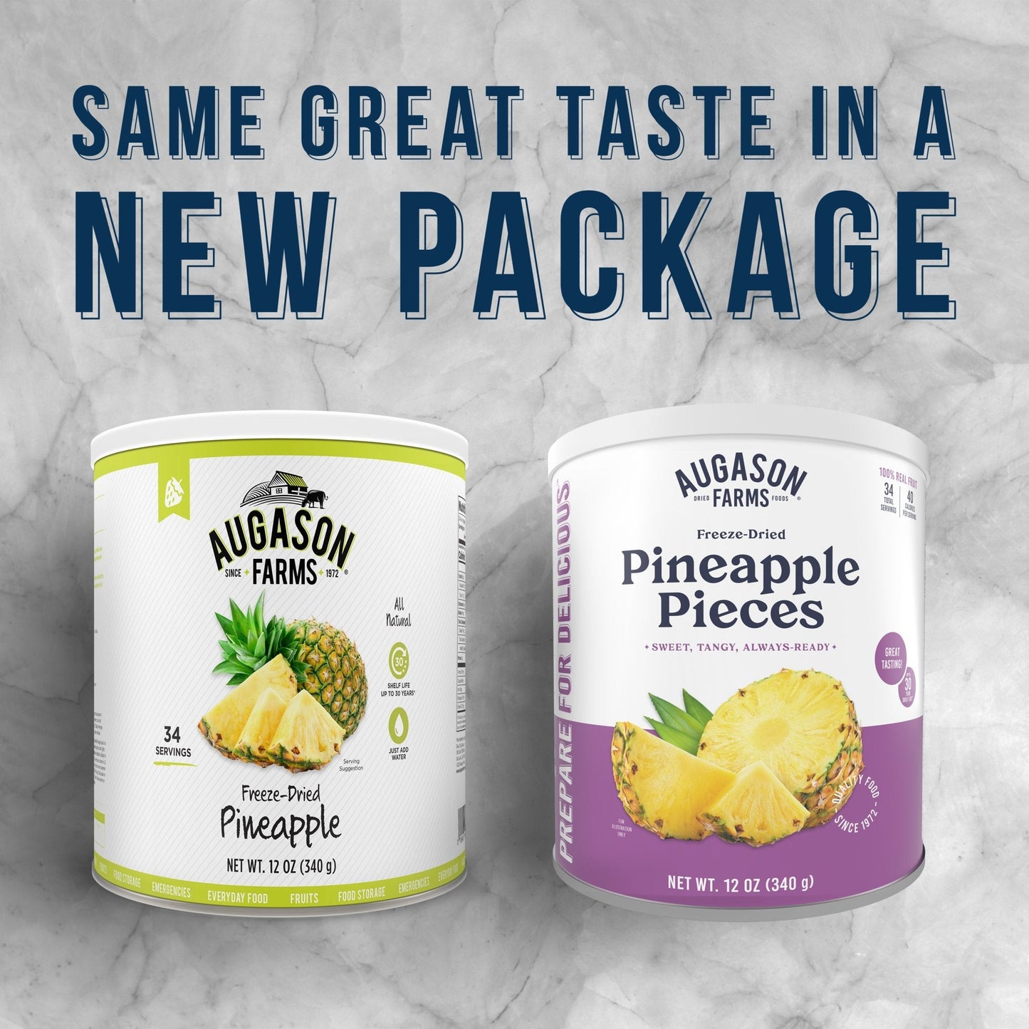 Can of Augason Farms freeze-dried pineapple pieces with 34 servings, showing the colorful dried pineapple chunks in the can.