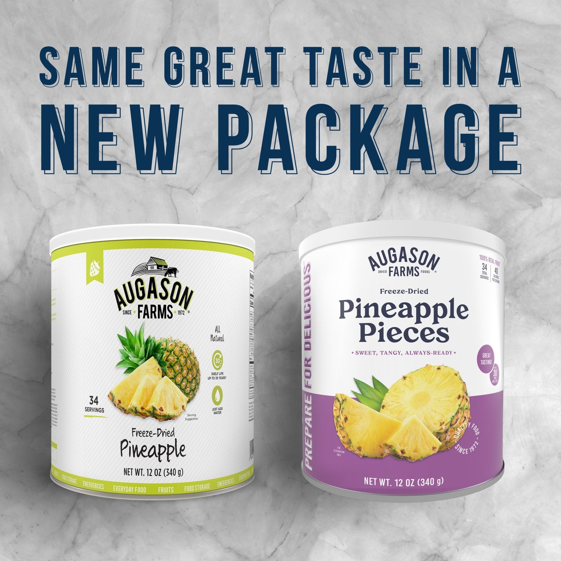 Can of Augason Farms freeze-dried pineapple pieces with 34 servings, showing the colorful dried pineapple chunks in the can.