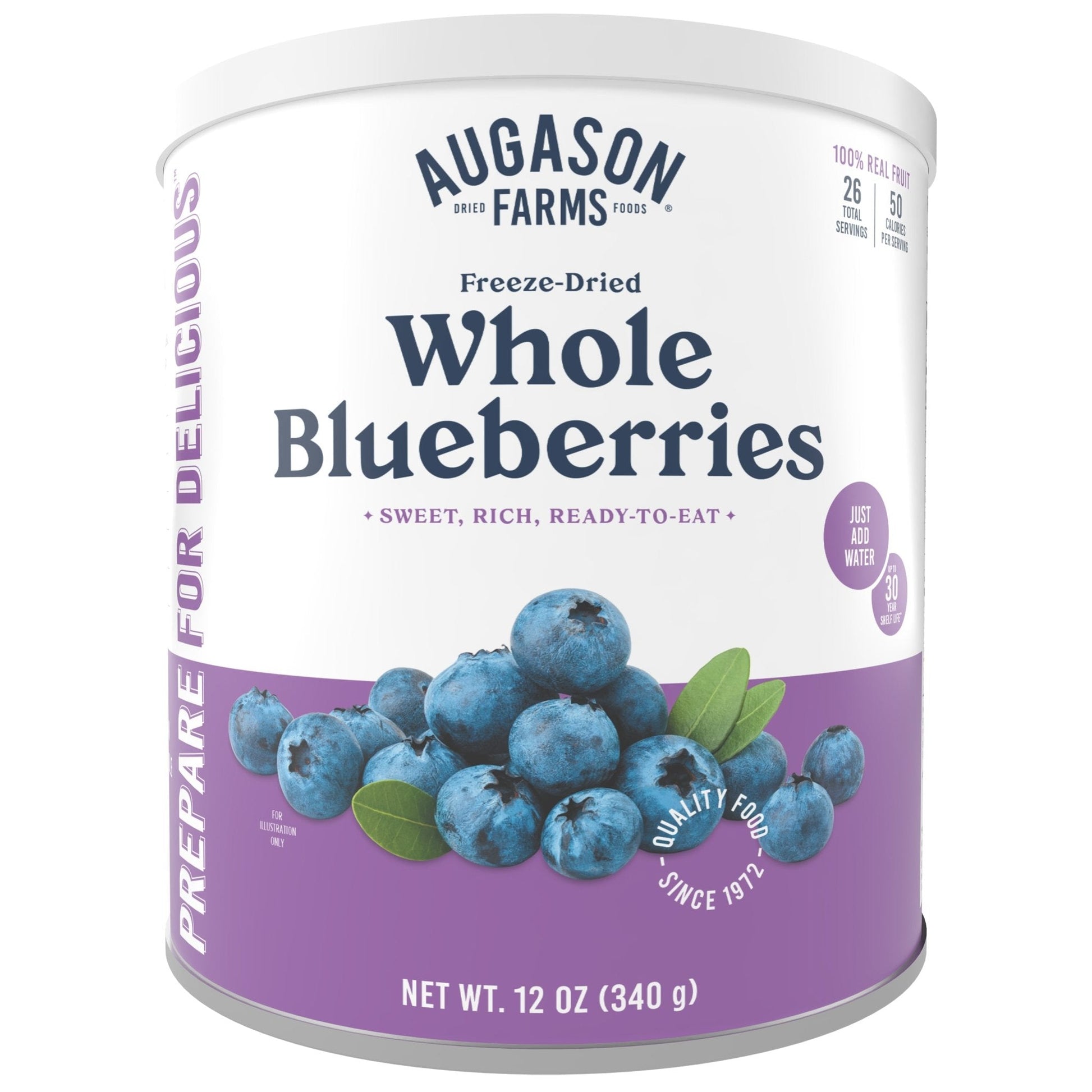 Can of Augason Farms freeze-dried whole blueberries showing blue dried berries inside the container.