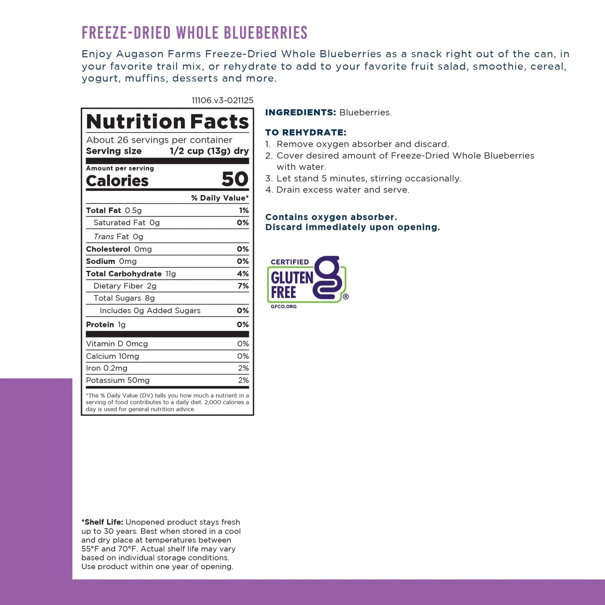 Freeze dried whole blueberries in a can from Augason Farms, 26 servings, showing the colorful dried blueberries inside.