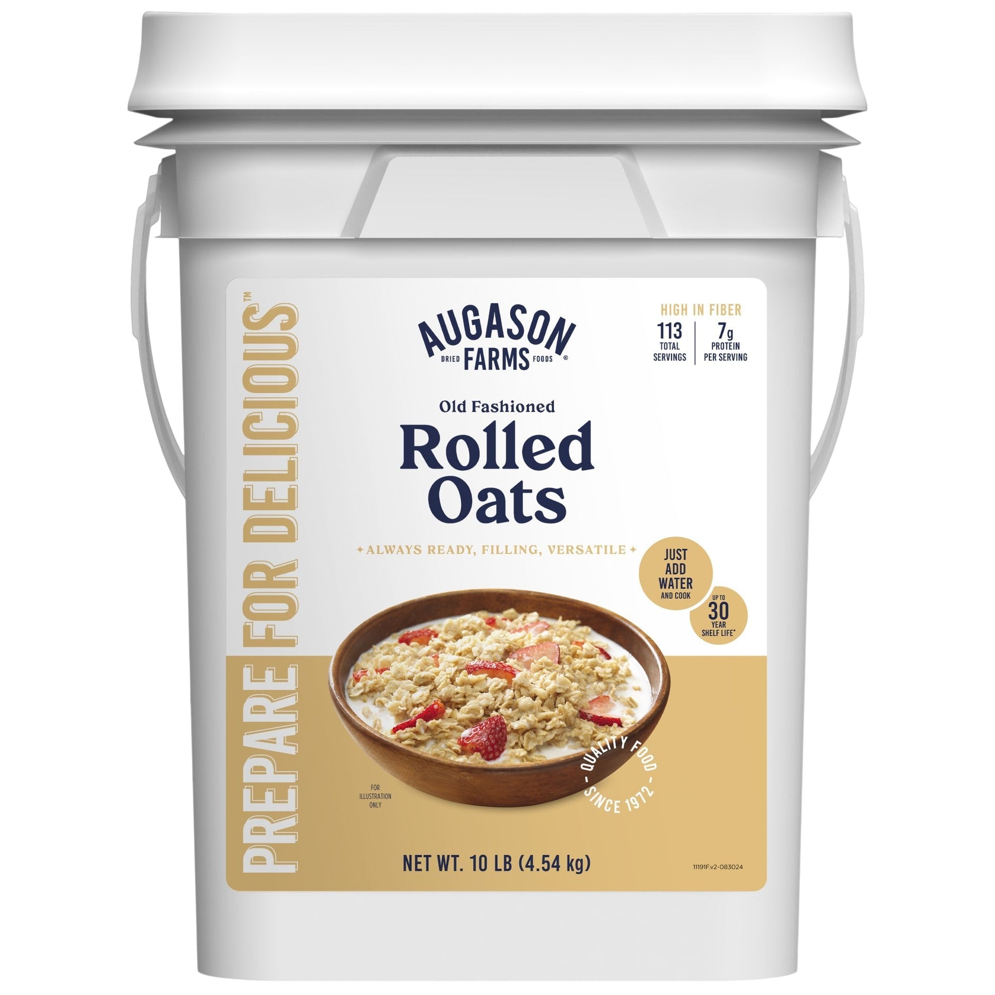 Old Fashioned Rolled Oats in a 4-gallon pail by Augason Farms, showing a large container of nutritious oatmeal oats.
