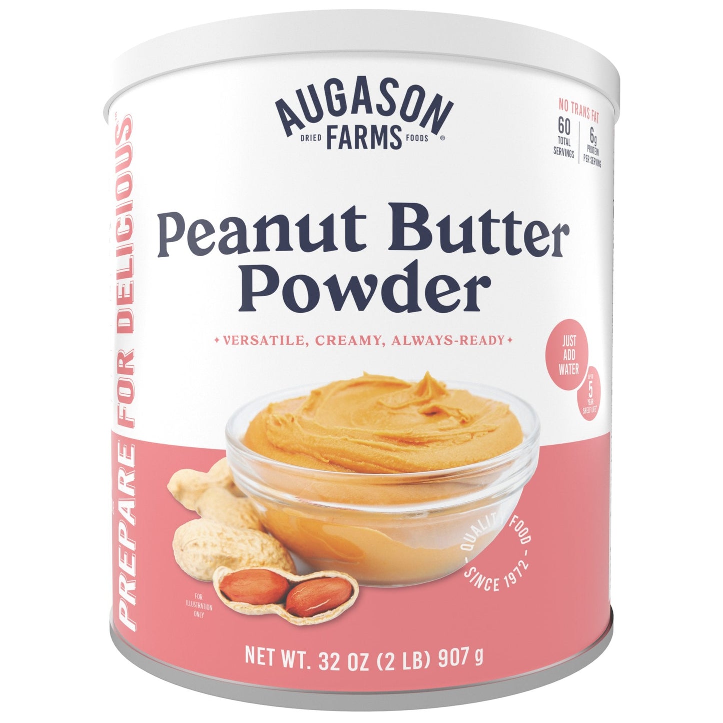 Augason Farms peanut butter powder can with 60 servings, showing a sealed container of powdered peanut butter.