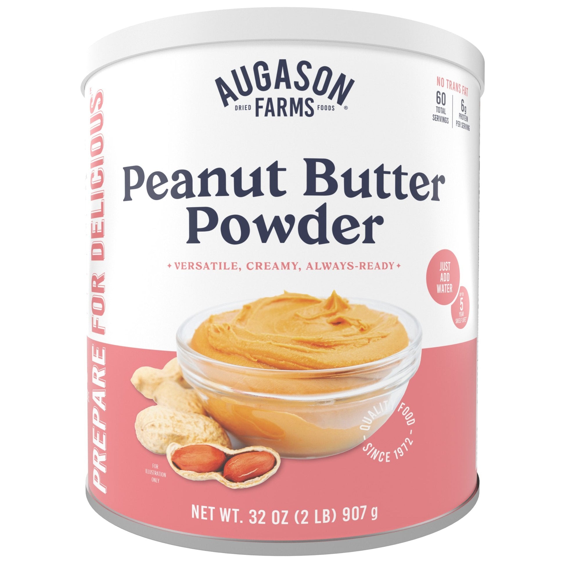 Augason Farms peanut butter powder can with 60 servings, showing a sealed container of powdered peanut butter.