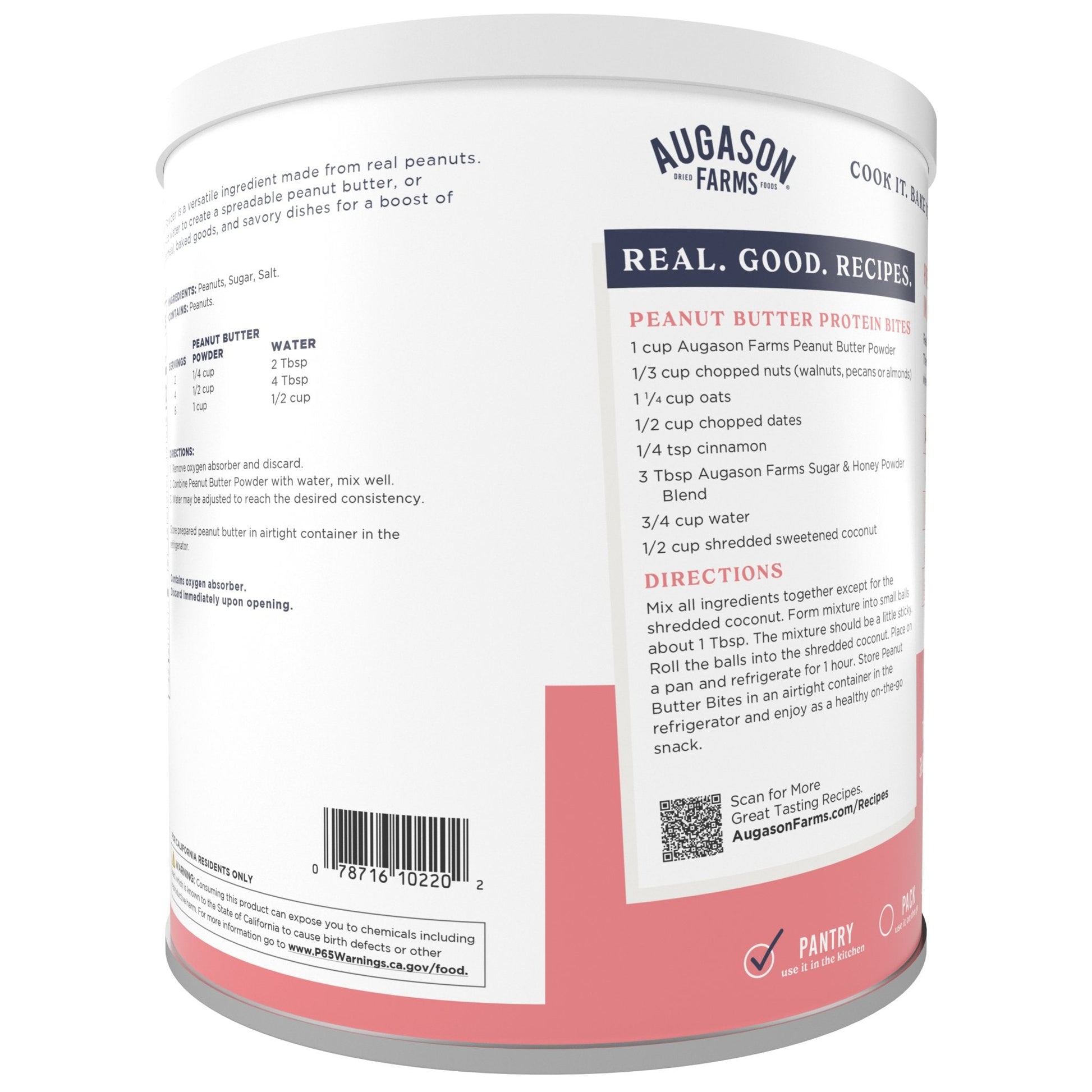 Augason Farms peanut butter powder can with 60 servings, showing a sealed can of peanut butter powder on a white background.