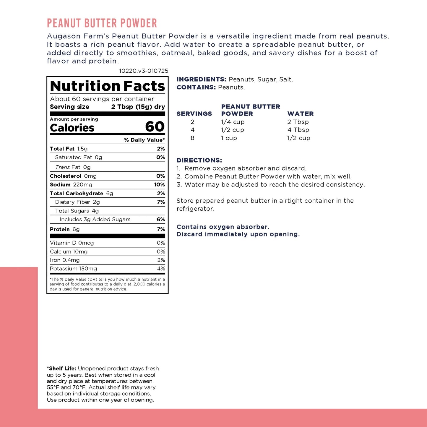 Augason Farms peanut butter powder can with 60 servings, showing the sealed canister and label for versatile baking and snacking.