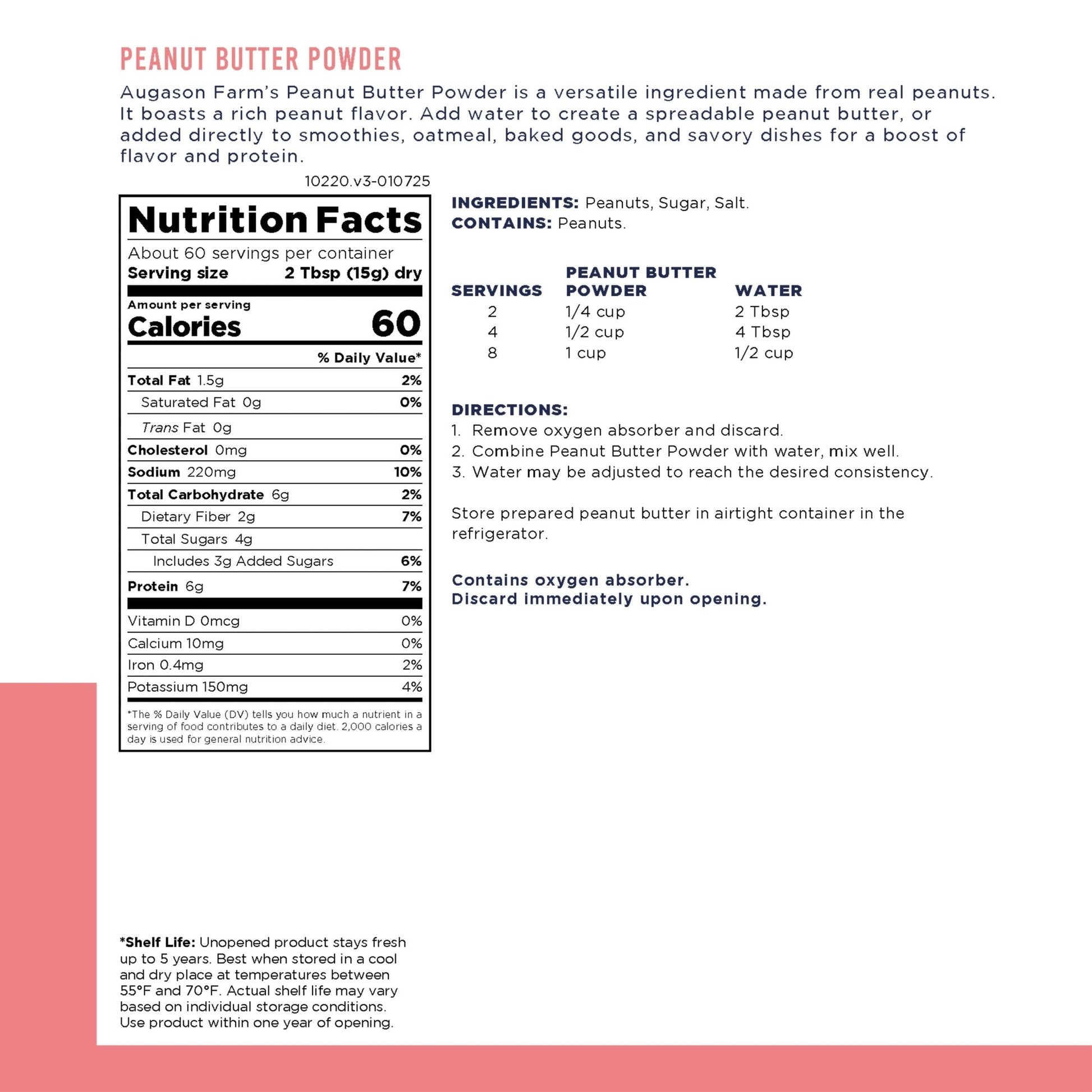 Augason Farms peanut butter powder can with 60 servings, showing the sealed canister and label for versatile baking and snacking.