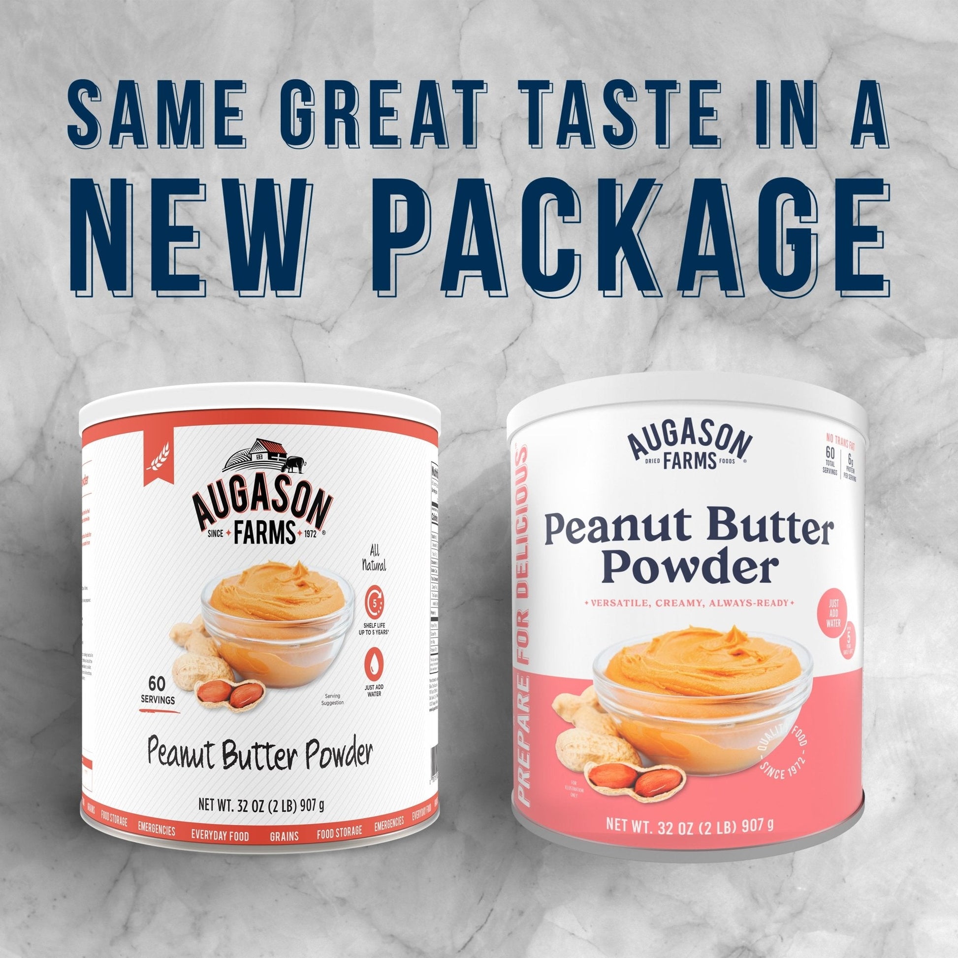 Augason Farms peanut butter powder can with 60 servings, showing the sealed canister and label for protein-rich snack.