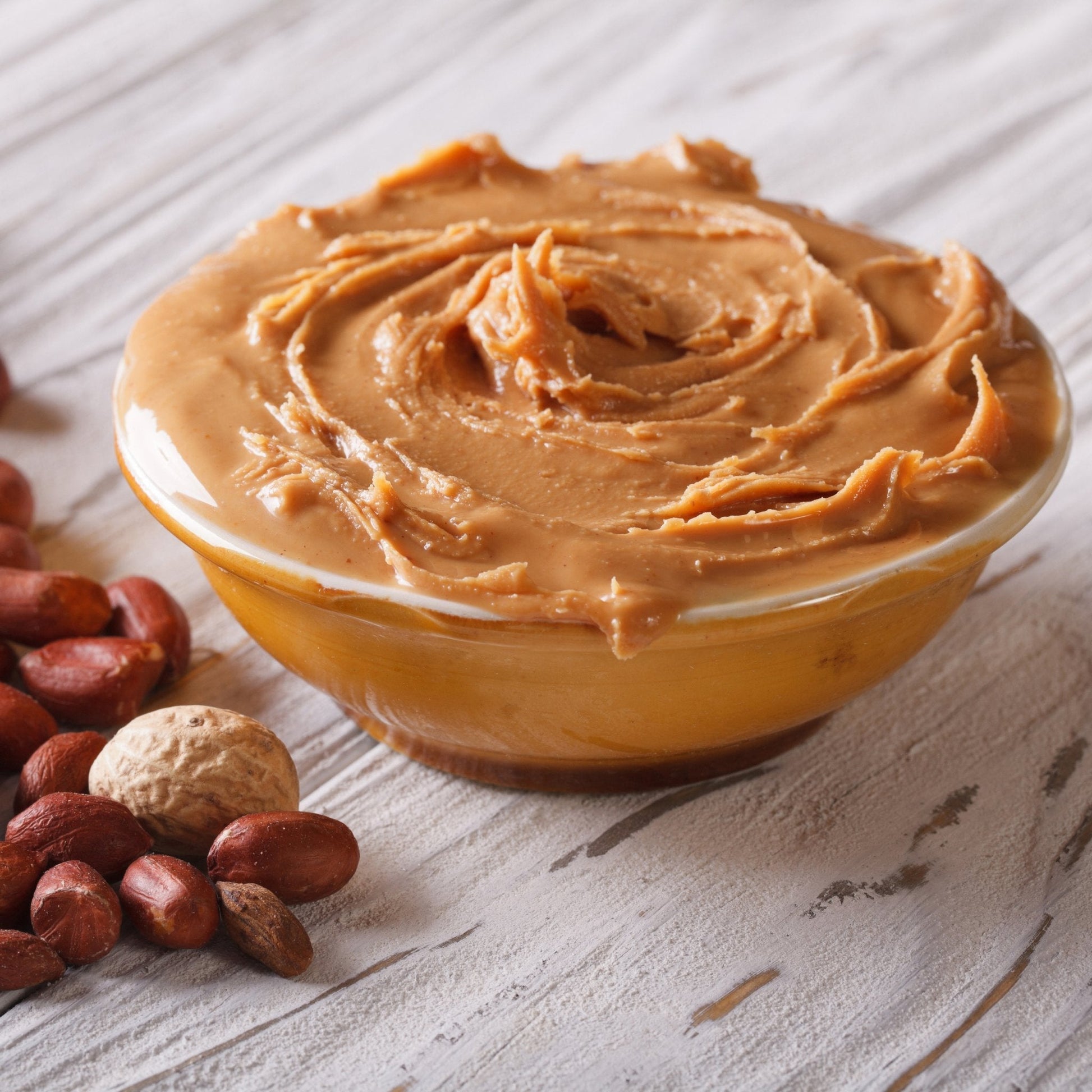 Augason Farms peanut butter powder can with 60 servings, showing the can with label and scoop on a white background.