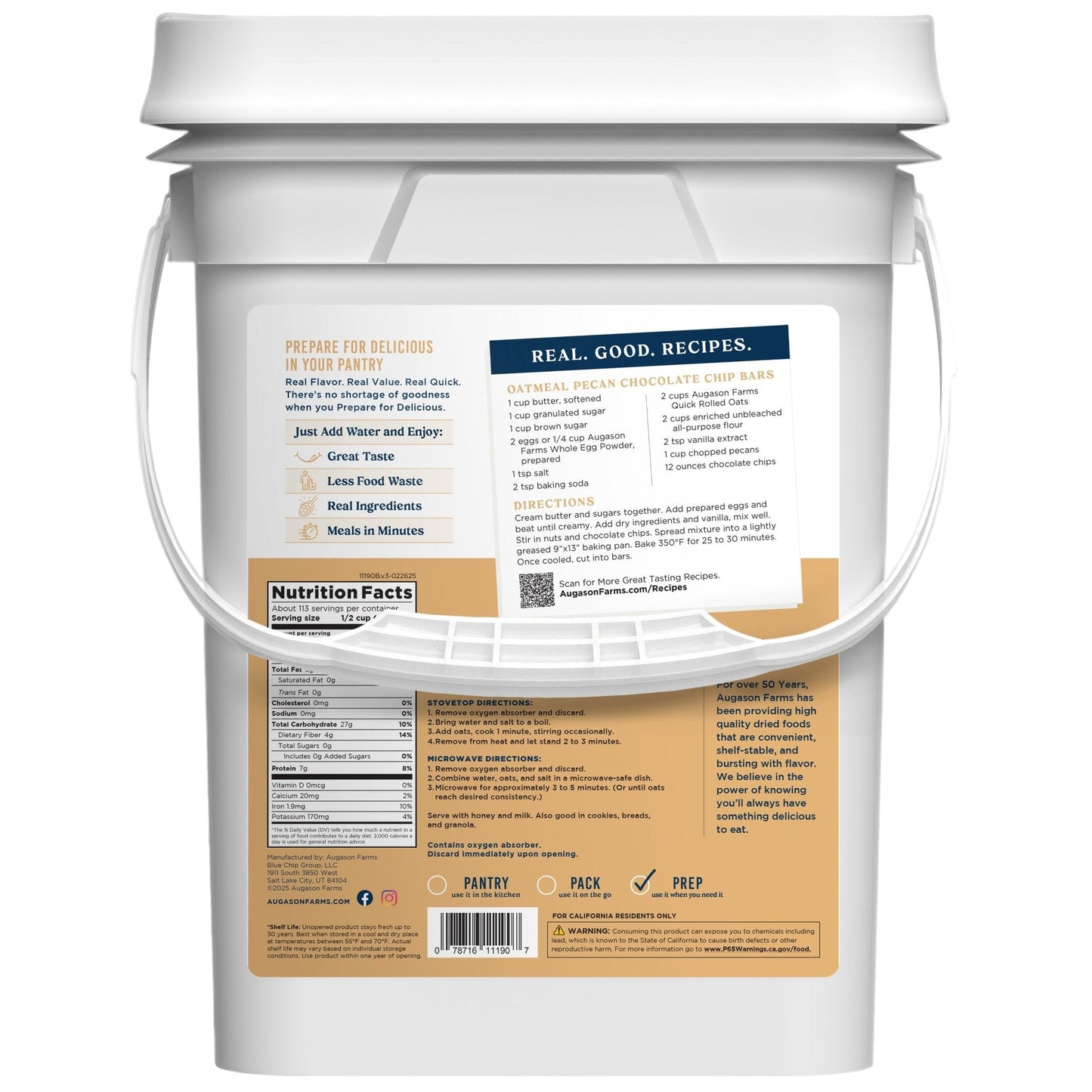 Quick Oats 4 Gallon Pail, 113 Servings - Blessings Grow Meadows