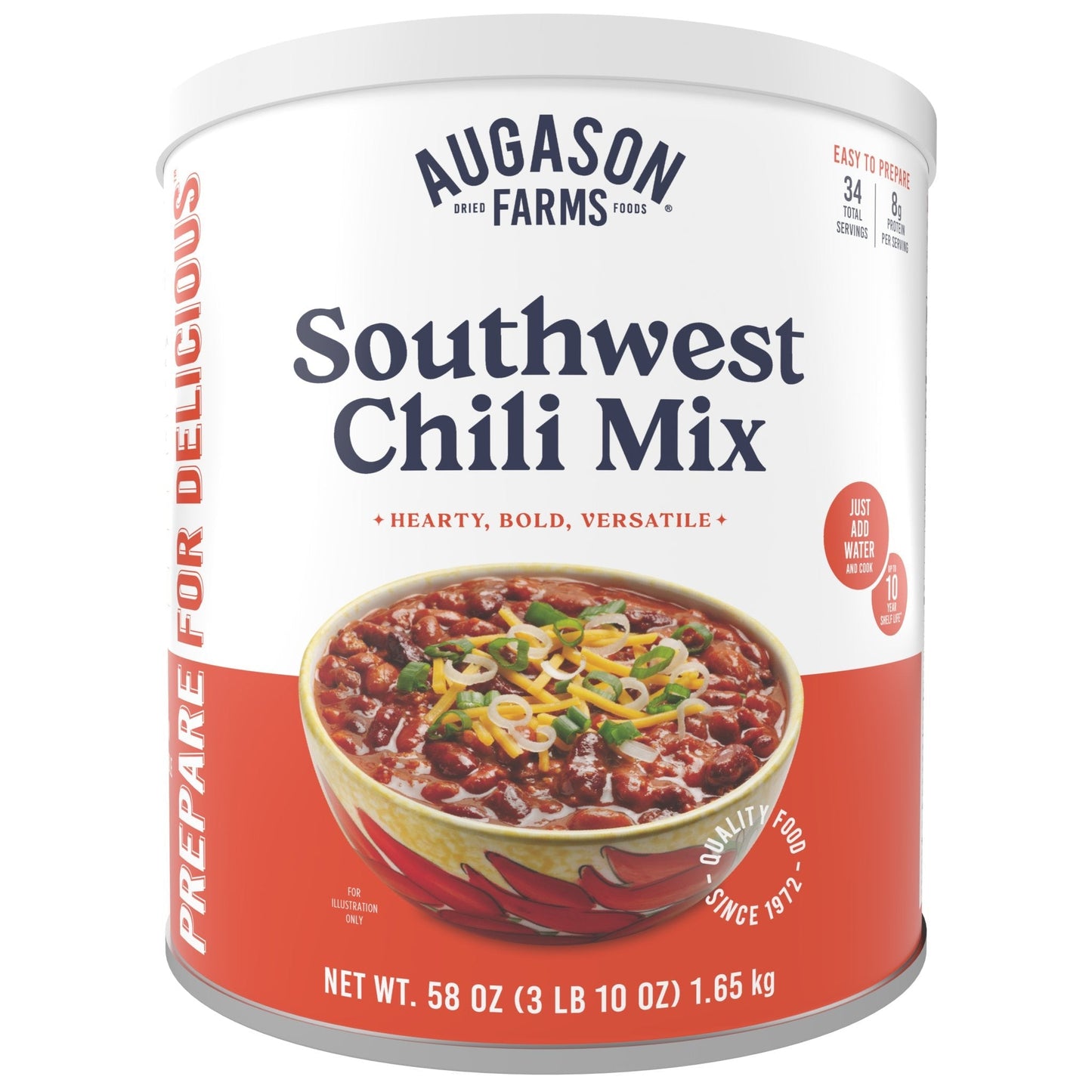 Can of Augason Farms Southwest Chili Mix with 34 servings, featuring a colorful label and ingredients visible on the packaging.