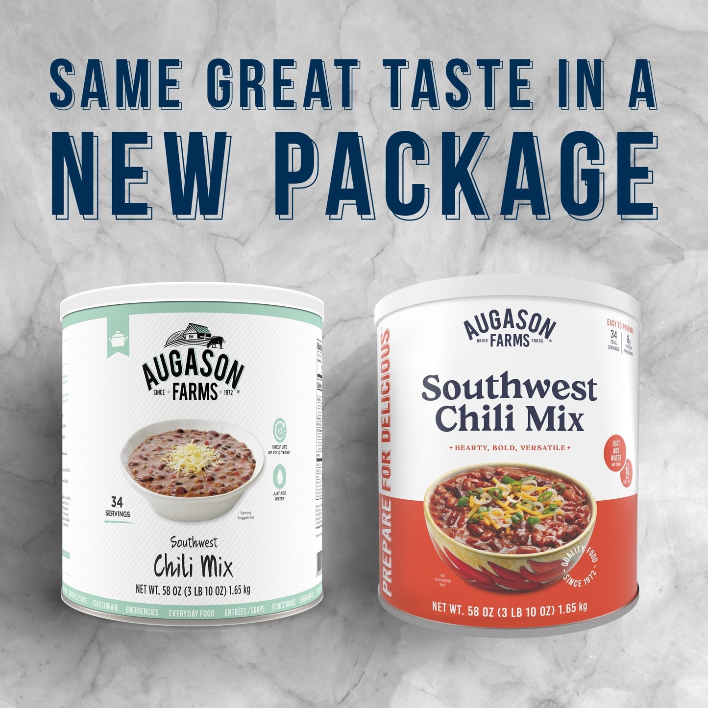 Augason Farms Southwest Chili Mix can with 34 servings, showcasing the product label and can size.