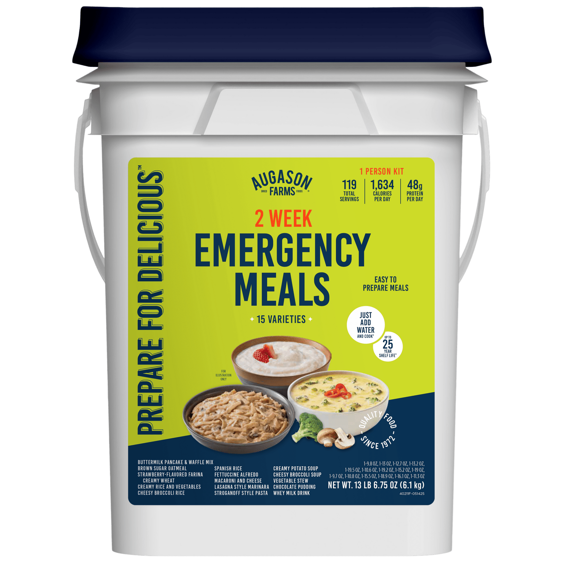 Augason Farms 2-week emergency food supply kit for one person with 119 servings, including various meal options and food pouches.