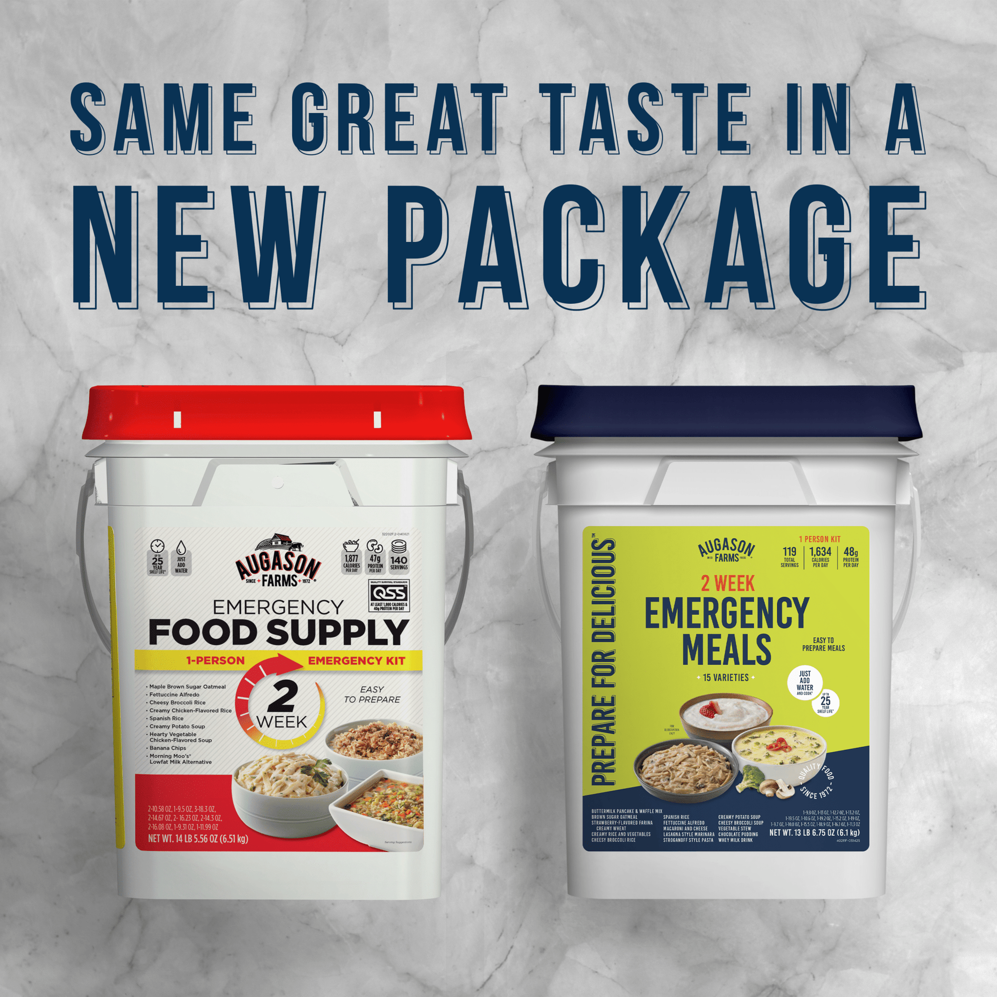 Augason Farms 2-week emergency food supply kit for one person with 119 servings, includes variety of long-lasting food options.
