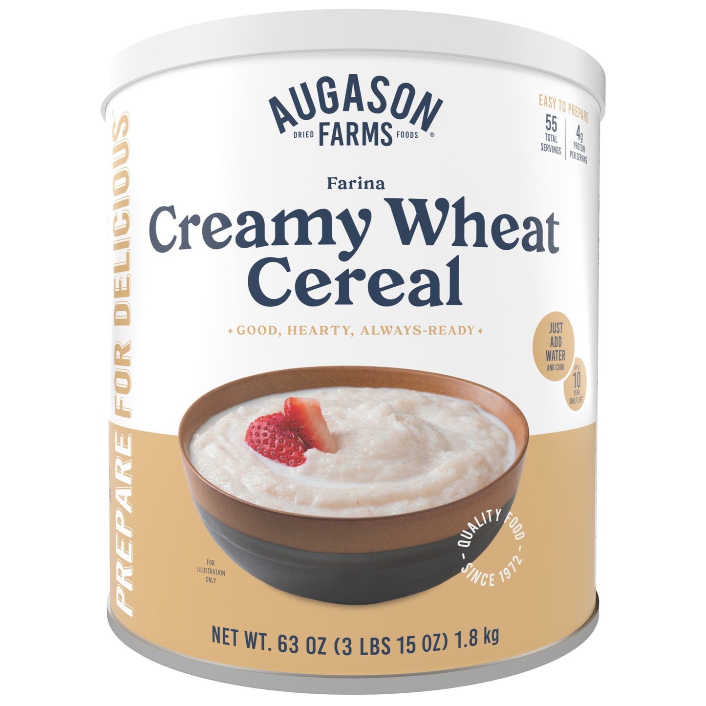 Creamy Wheat Cereal Can by Augason Farms, 55-serving food storage container with creamy wheat cereal inside.