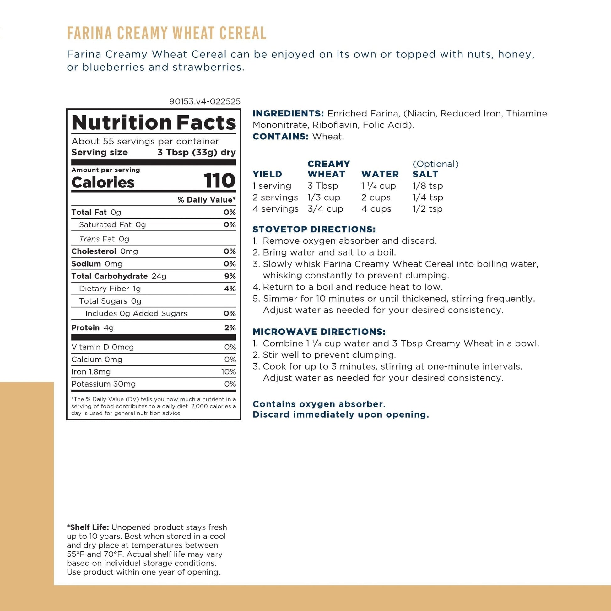 Augason Farms Creamy Wheat Cereal Can with 55 servings, featuring a close-up of the canned food product and label.