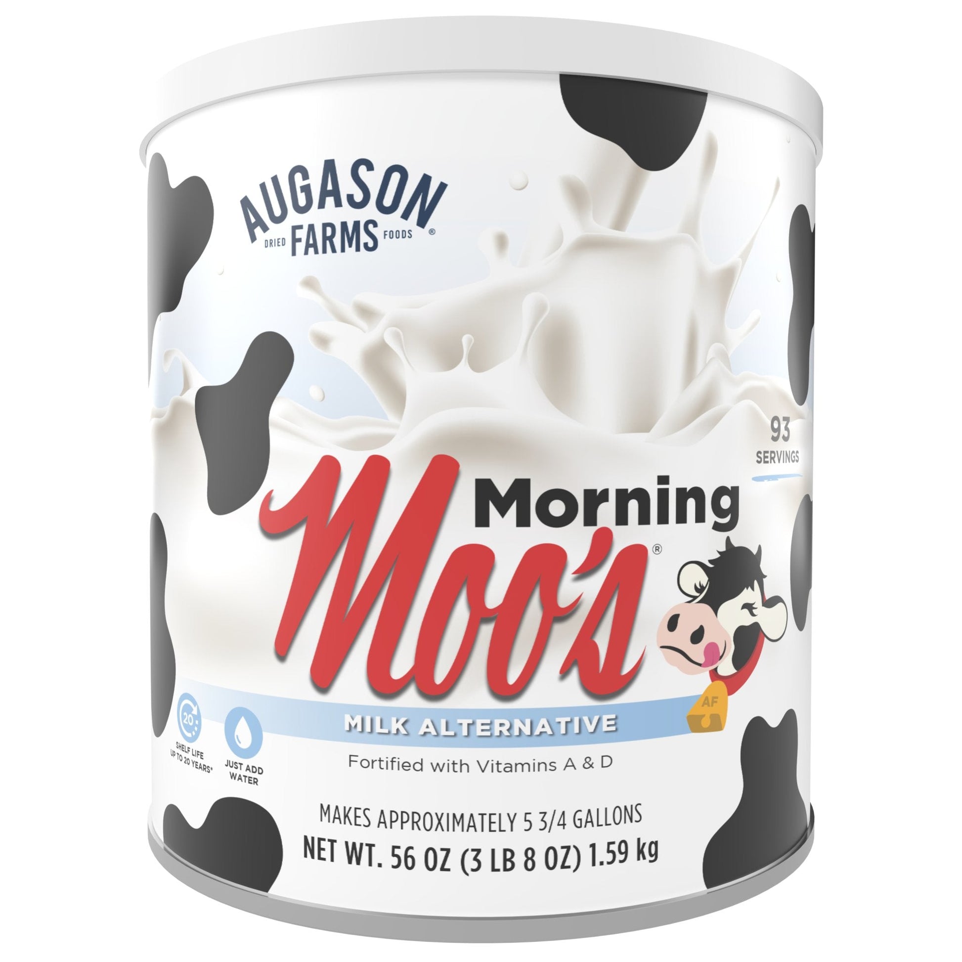 Augason Farms Morning Moo's Milk Alternative Can with 93 servings, food product in a sturdy can, suitable for dairy-free milk options.