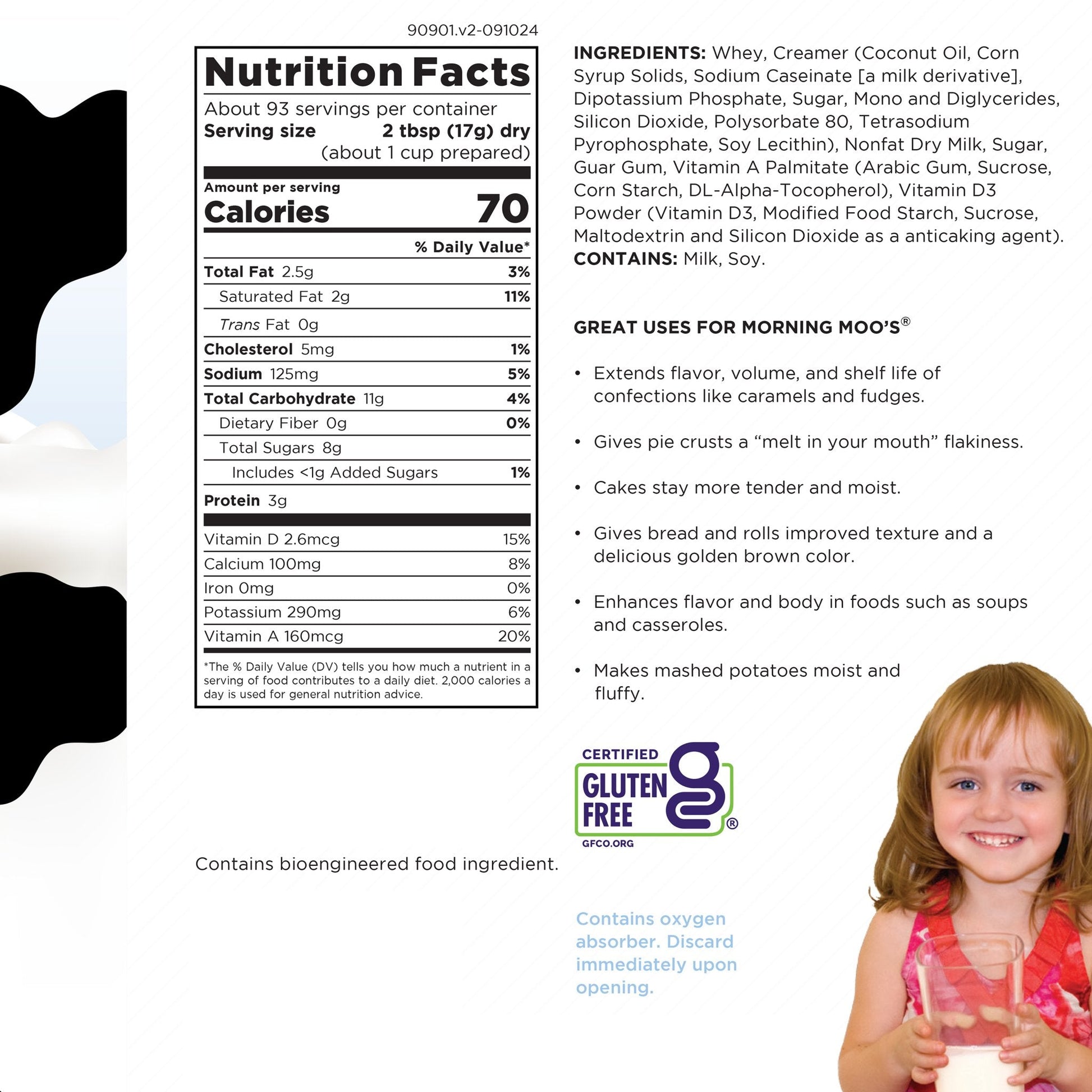 Augason Farms Morning Moo's milk alternative can, 93 servings, food product with a colorful label and can design.
