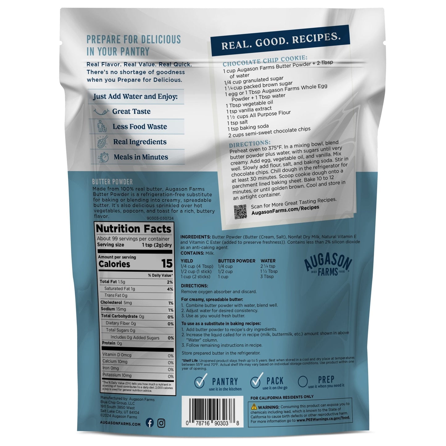 Augason Farms Butter Powder pouch with 99 servings, showing a resealable bag of powdered butter for cooking and baking.