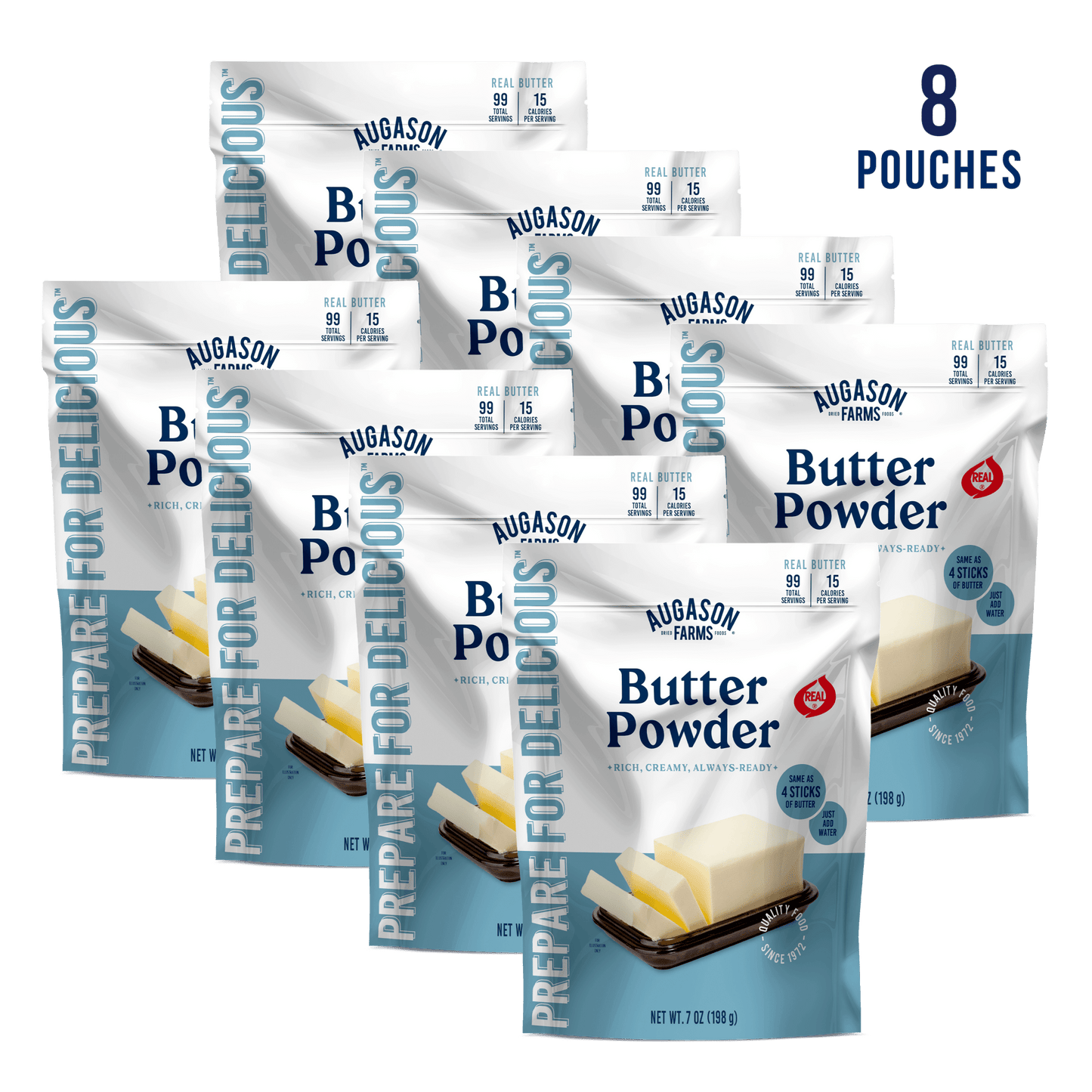Augason Farms Butter Powder Pouch with 99 servings, featuring a resealable pouch and creamy butter powder for cooking and baking.