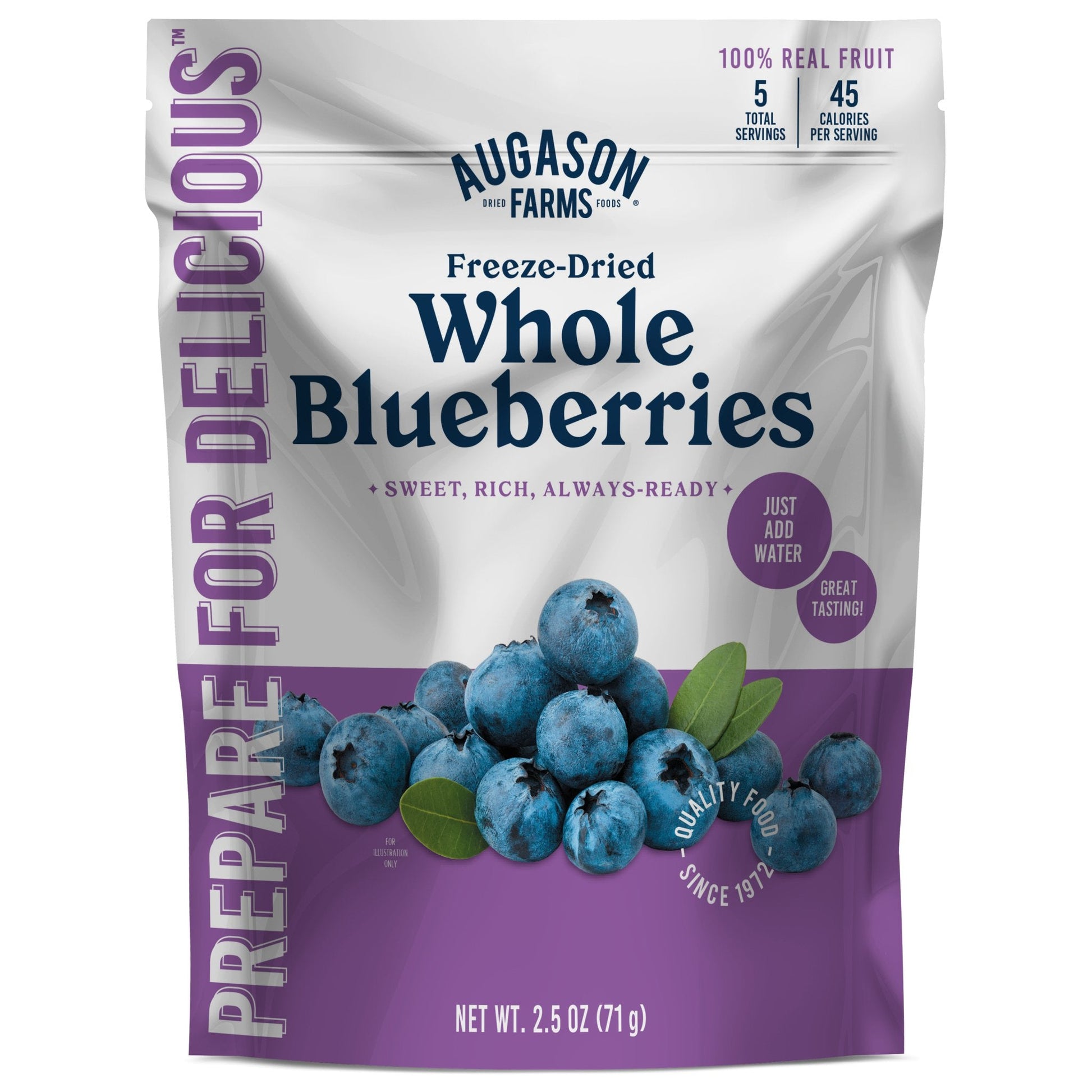 Freeze-dried whole blueberries in a pouch by Augason Farms, 5-serving size, perfect for snacking or recipes.
