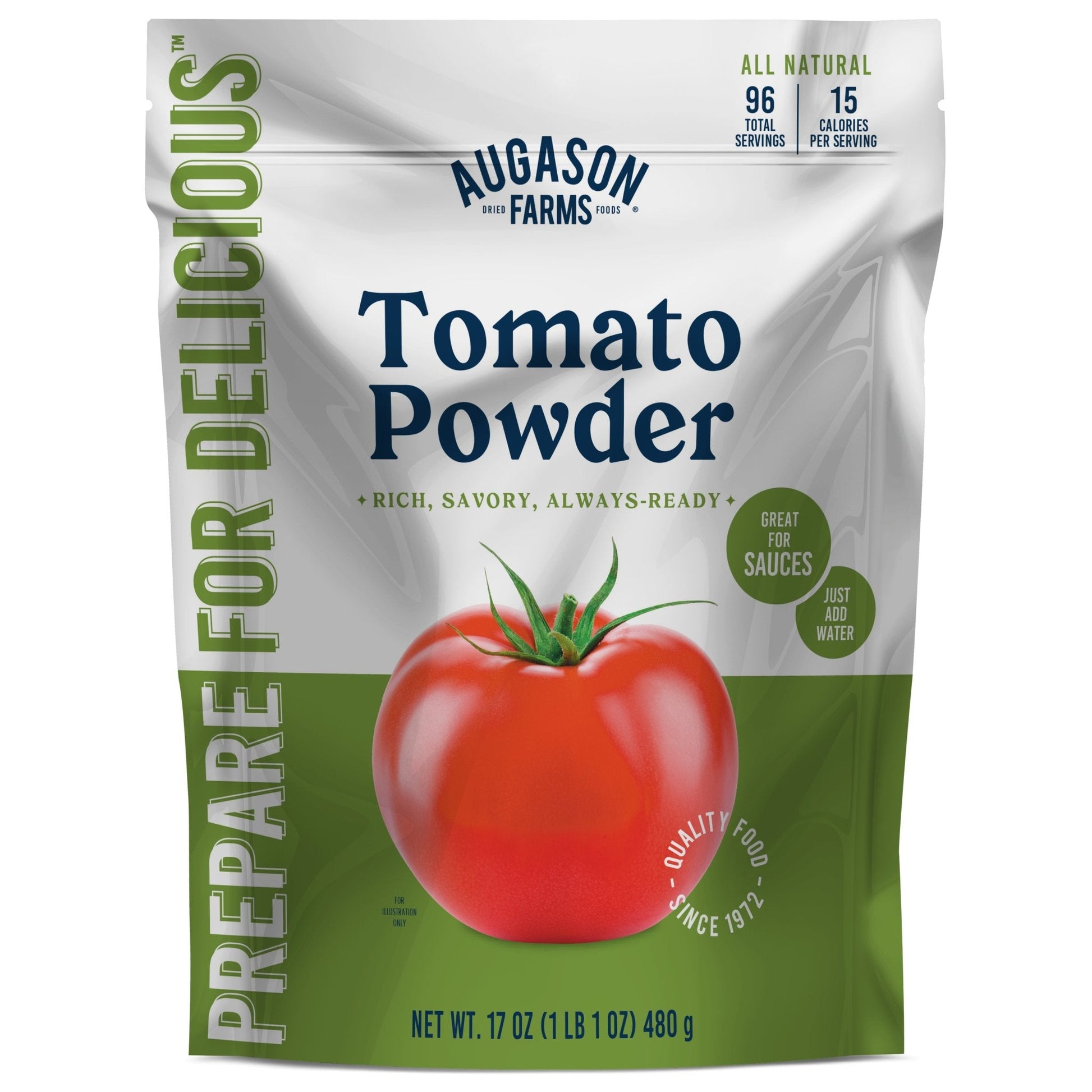 Augason Farms Tomato Powder pouch with 96 servings, showing a resealable packaging for cooking and seasoning use.