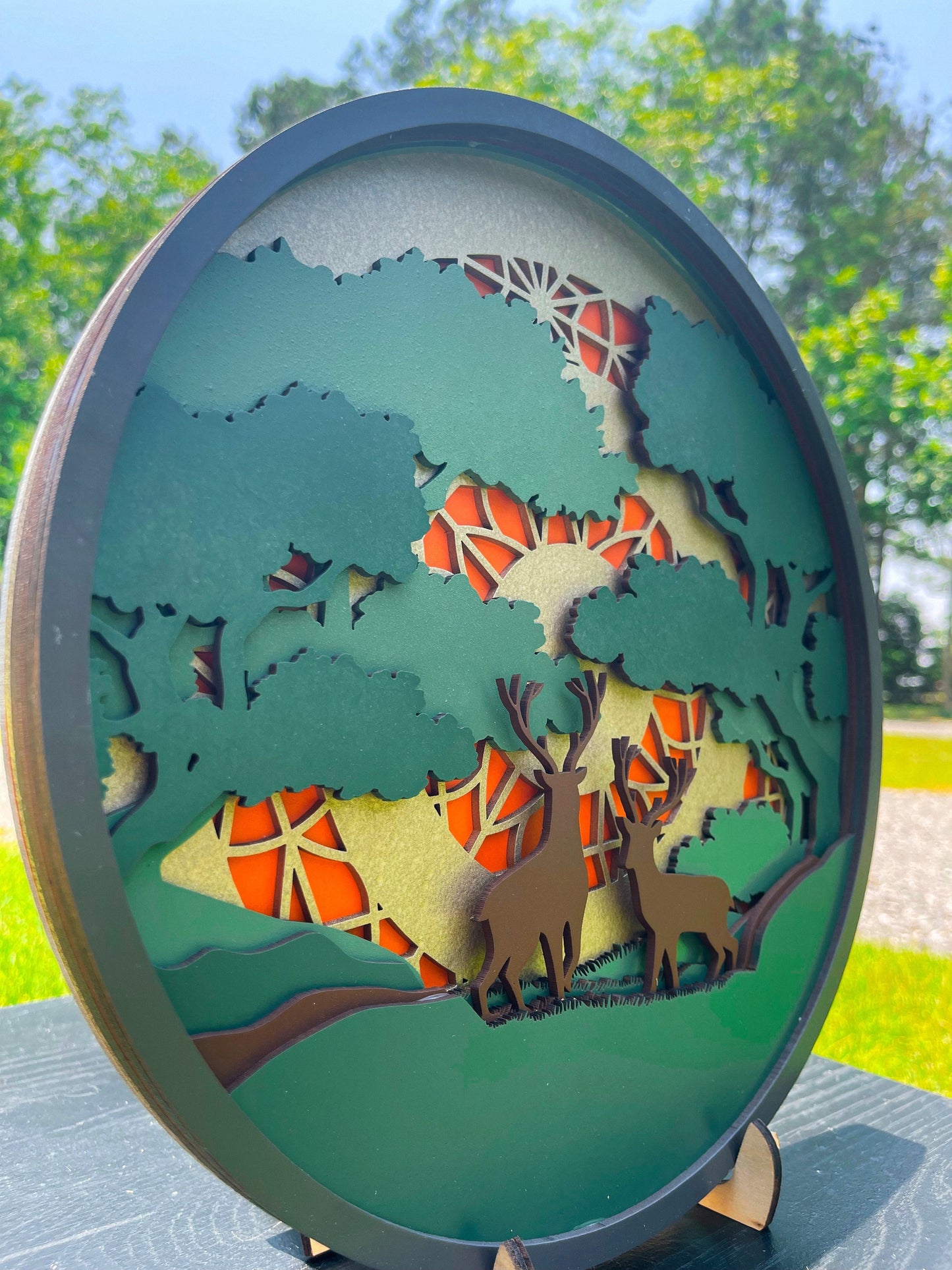 Laser engraved Deer Scenic Mandala by AVEL Woodworking showcasing intricate woodland-themed design on wood.