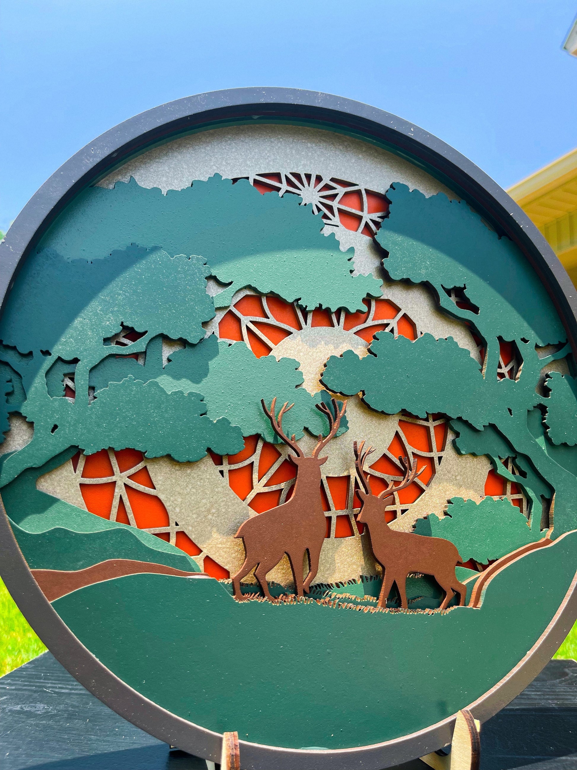 Laser engraved Deer Scenic Mandala by AVEL Woodworking featuring intricate woodland design on wood.