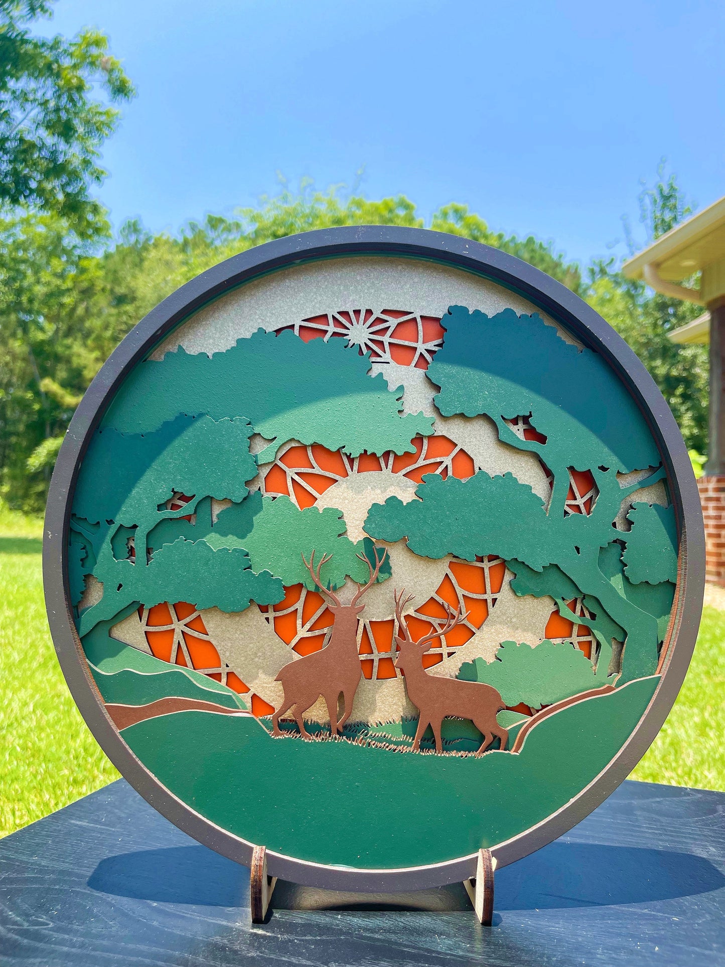 Laser engraved Deer Scenic Mandala by AVEL Woodworking, featuring intricate woodland design on wood surface.