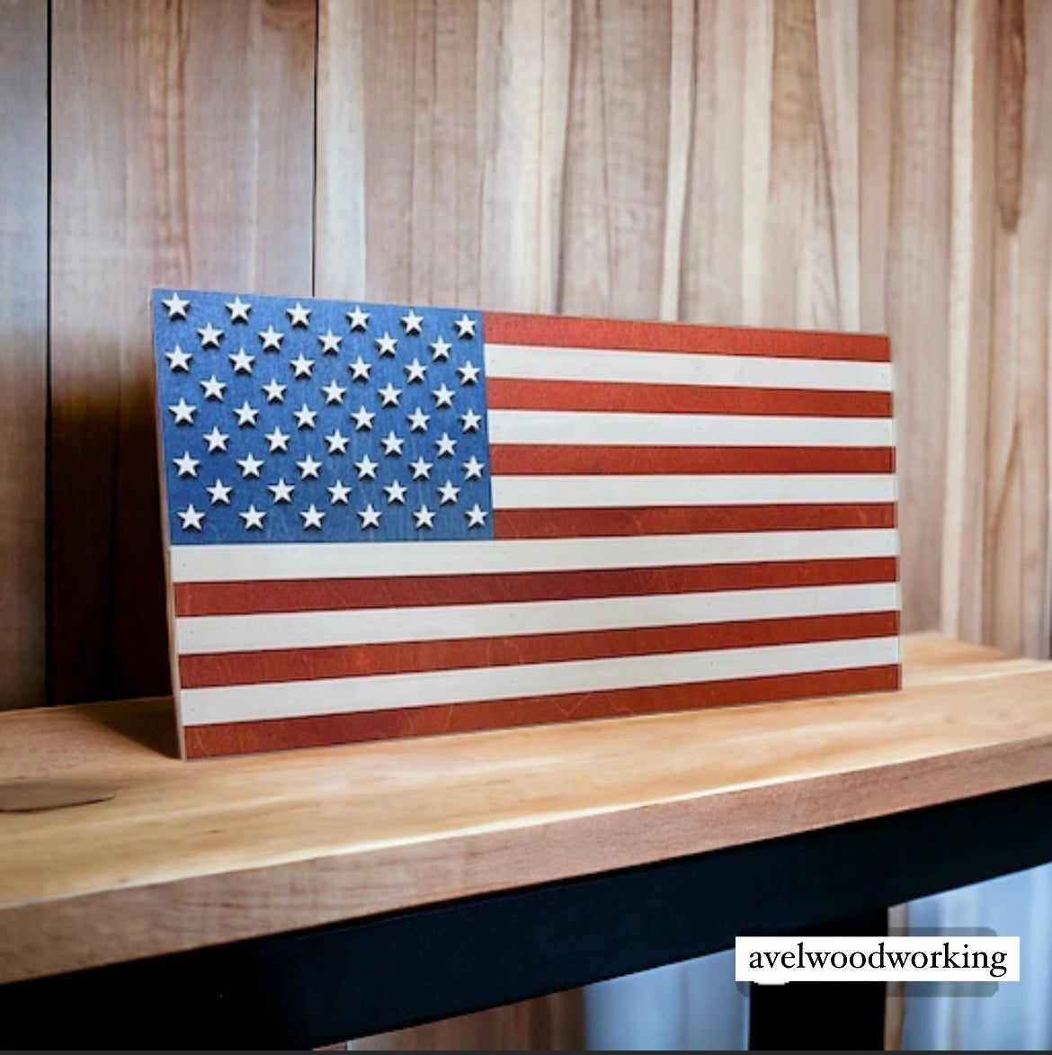 Mini stained American flag wall decor by AVEL Woodworking, featuring detailed wood craftsmanship and patriotic design.