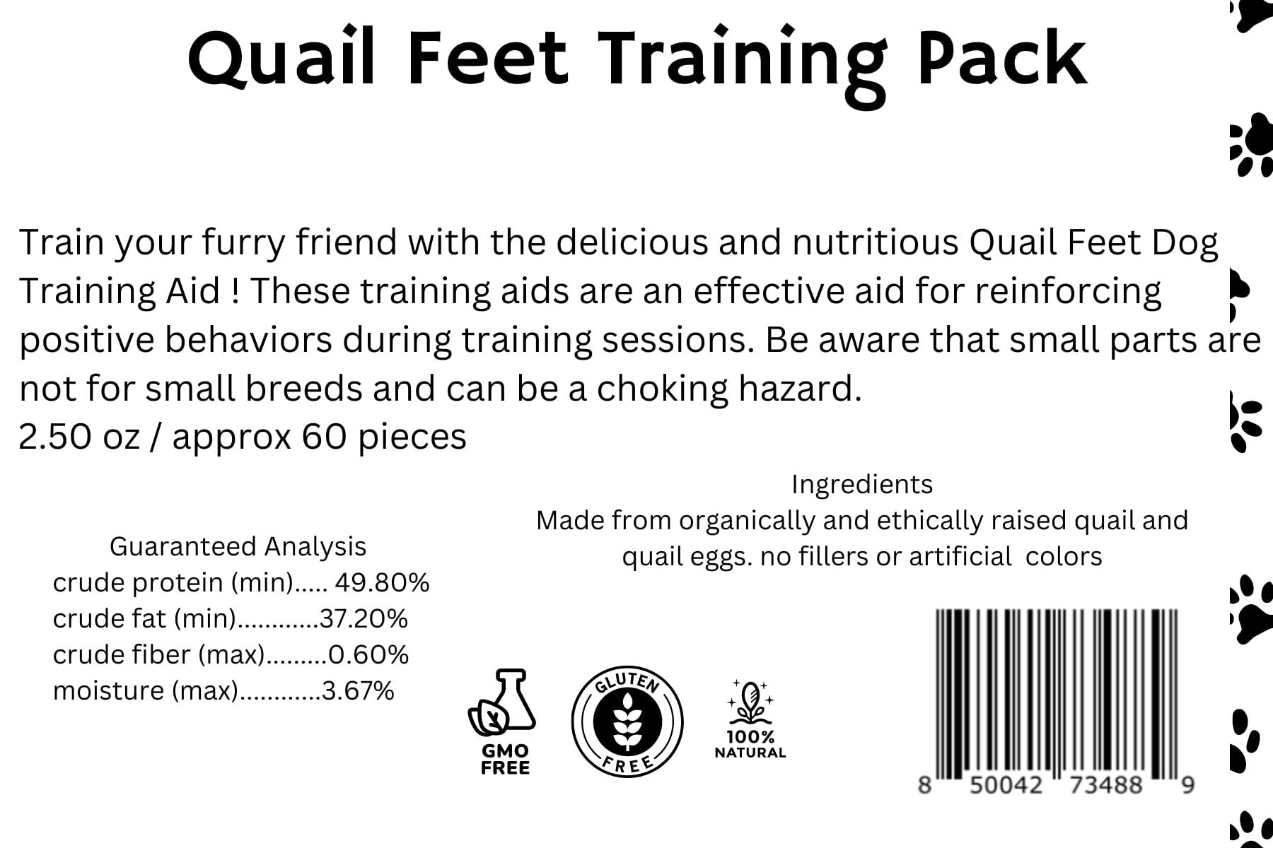Dog treats featuring quail feet from Quailz.com by Undique LLC, showing natural, crunchy quail foot treats for training or rewards.