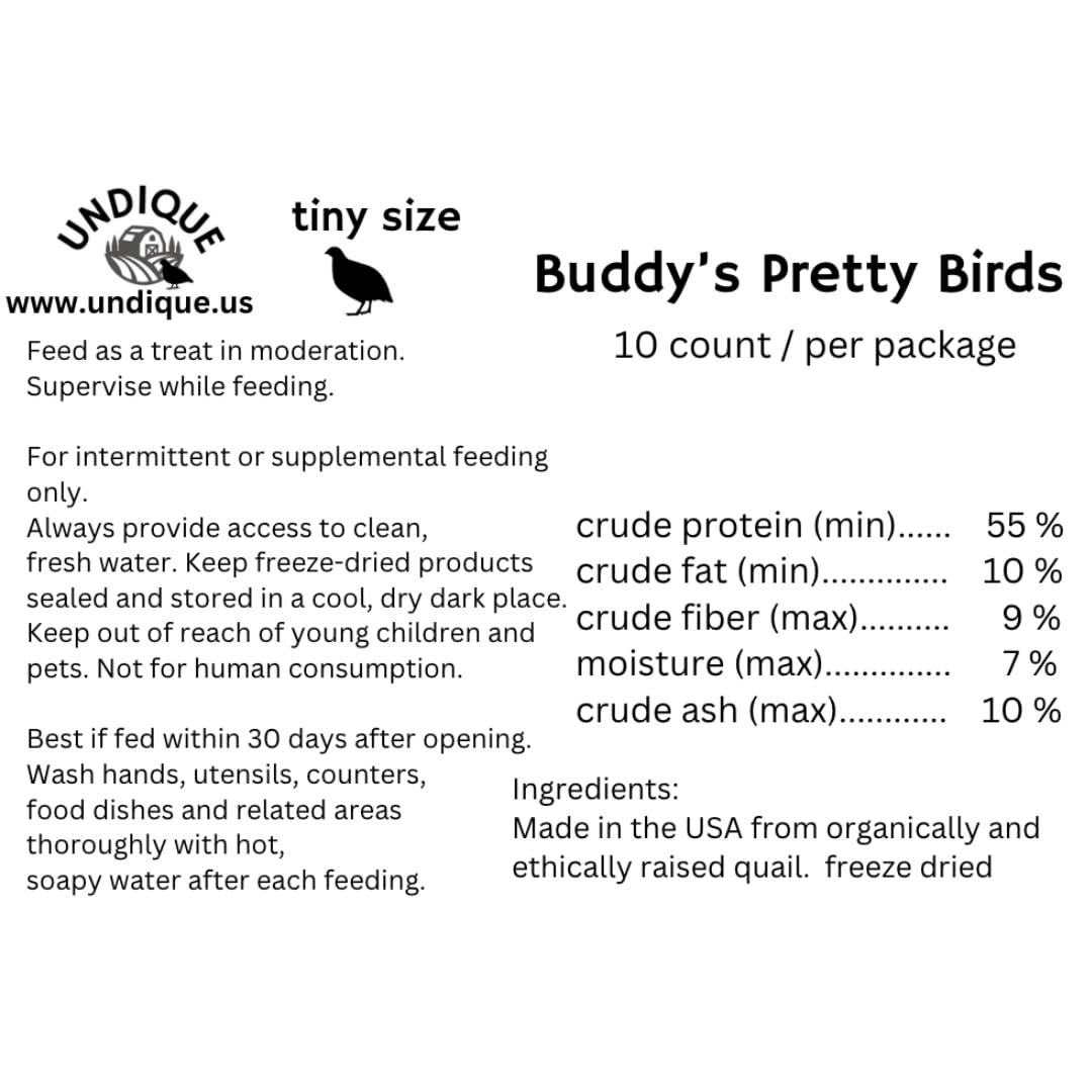 Ten tiny dehydrated quail whole chick treats for cats and dogs, shown in a clear image, from Quailz by Undique LLC.