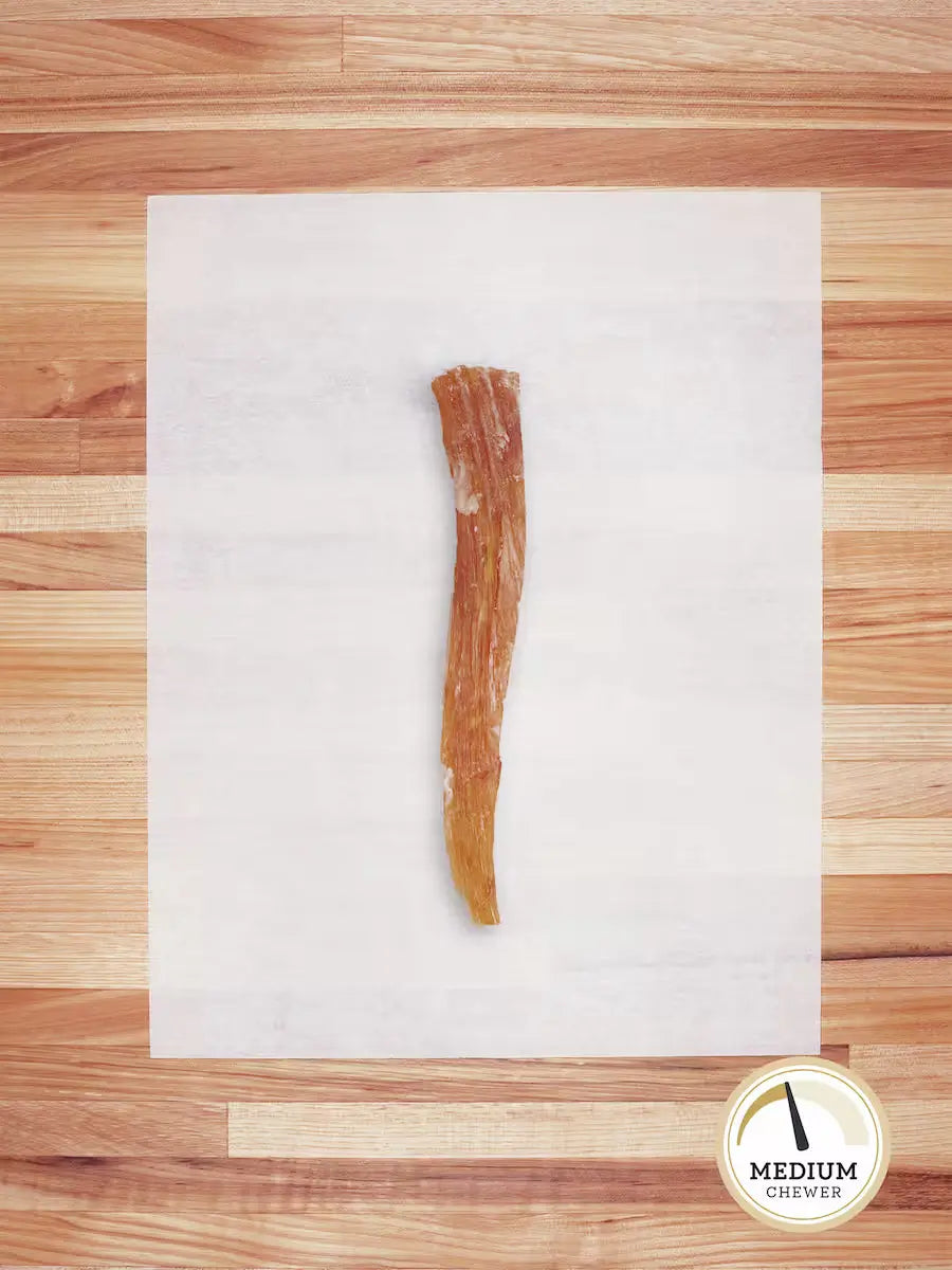 Farm Hounds grass-fed beef tendon chews for dogs, showing the large backstrap cut in the image.