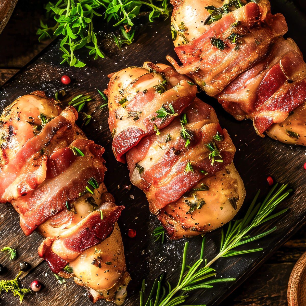 Bacon-wrapped stuffed chicken breasts with jalapenos, prepared for BBQ, from Pig of the Month BBQ, ready for delivery.