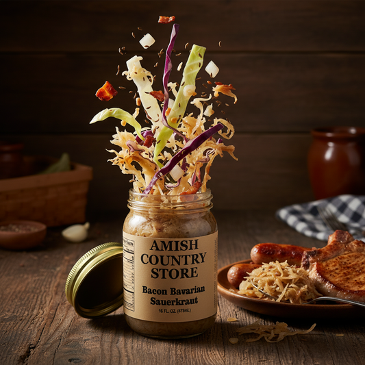 Canned Bacon Bavarian Sauerkraut from Amish Country Store in a 16 oz can, featuring sauerkraut with bacon pieces in a metal can.