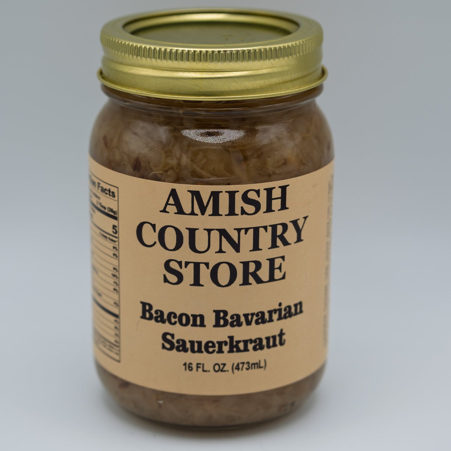 Canned Amish Country Store Bacon Bavarian Sauerkraut in a 16 oz can with bacon pieces visible inside.