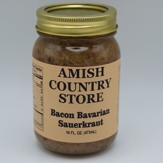 Canned Amish Country Store Bacon Bavarian Sauerkraut in a 16 oz can with bacon pieces visible inside.