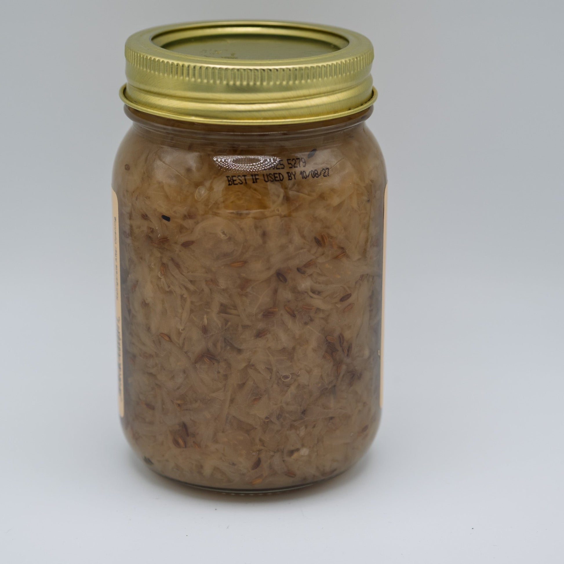 Canned Bacon Bavarian Sauerkraut in 16 oz jar from Amish Country Store, showing the label and product inside the can.