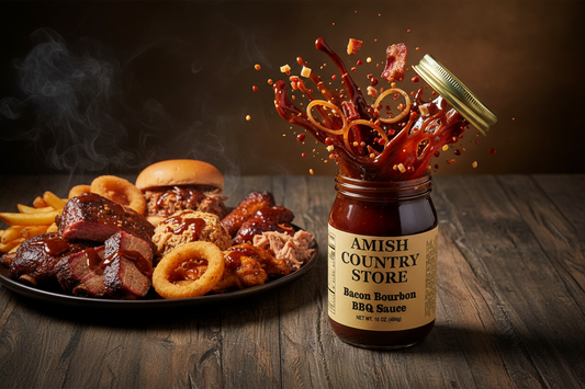 Canned Amish Country Store Bacon Bourbon BBQ Sauce 16 oz bottle with bacon and bourbon flavor, ideal for grilling and sandwiches.