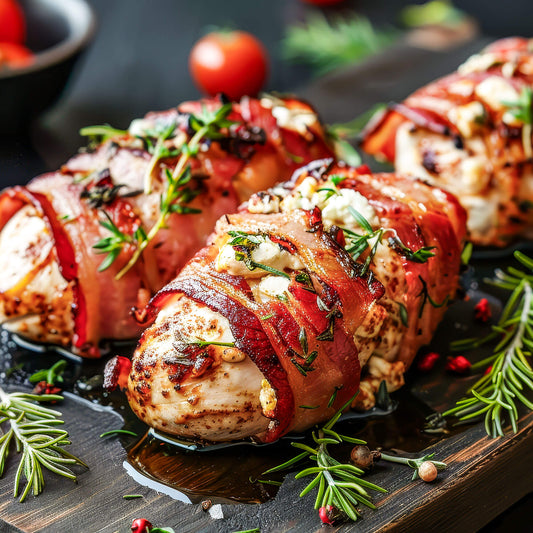 Bacon-wrapped stuffed chicken breasts from Pig of the Month BBQ, ready for grilling or baking. Juicy and flavorful BBQ chicken.