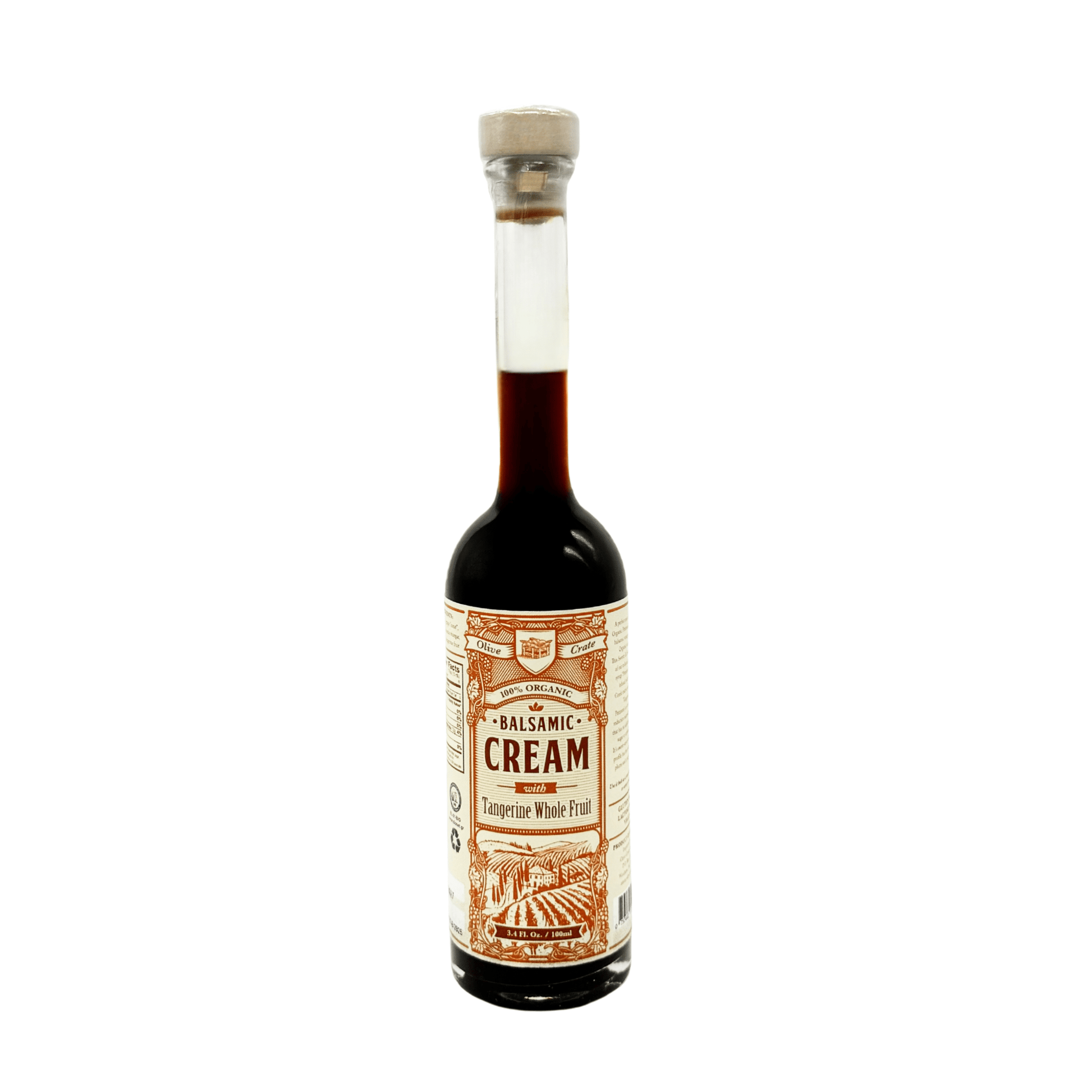 Bottle of Olive Crate balsamic cream with tangerine, displaying a dark balsamic vinegar with a hint of tangerine flavor.
