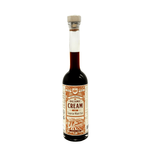 Bottle of Olive Crate balsamic cream with tangerine, displaying a dark balsamic vinegar with a hint of tangerine flavor.