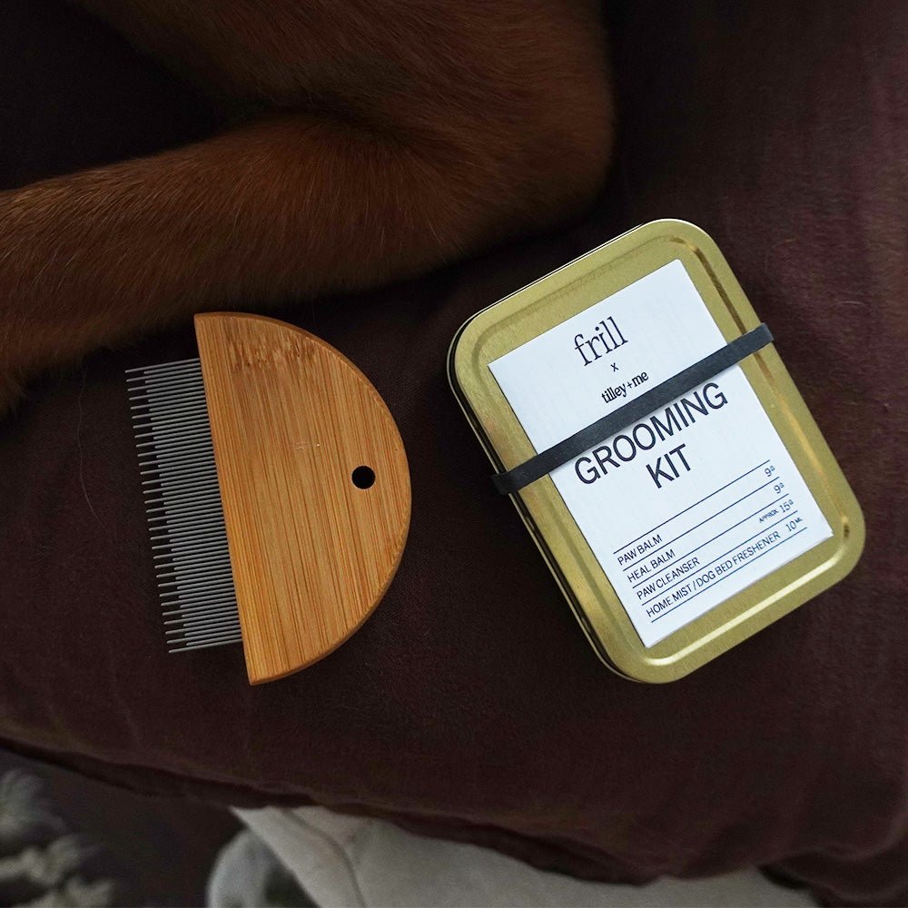 Bamboo flea comb for dogs and cats, eco-friendly grooming tool with fine teeth, made by Tilley + Me for gentle flea removal.