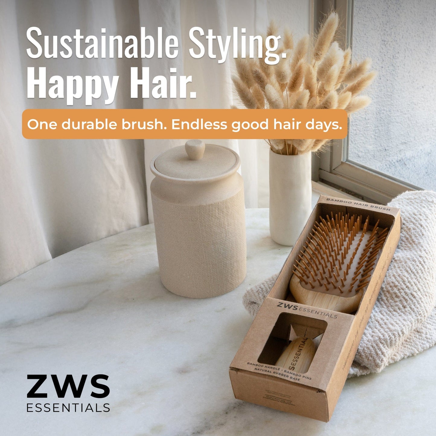 Bamboo hair brush from ZeroWasteStore.com with natural bamboo handle and soft bristles for gentle hair detangling
