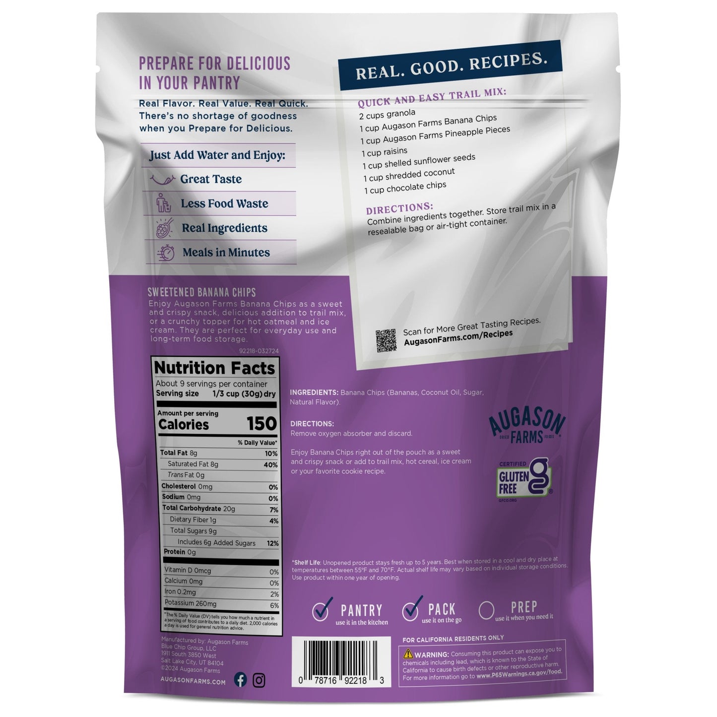 Sweetened Banana Chips Pouch, 9 Servings - Blessings Grow Meadows