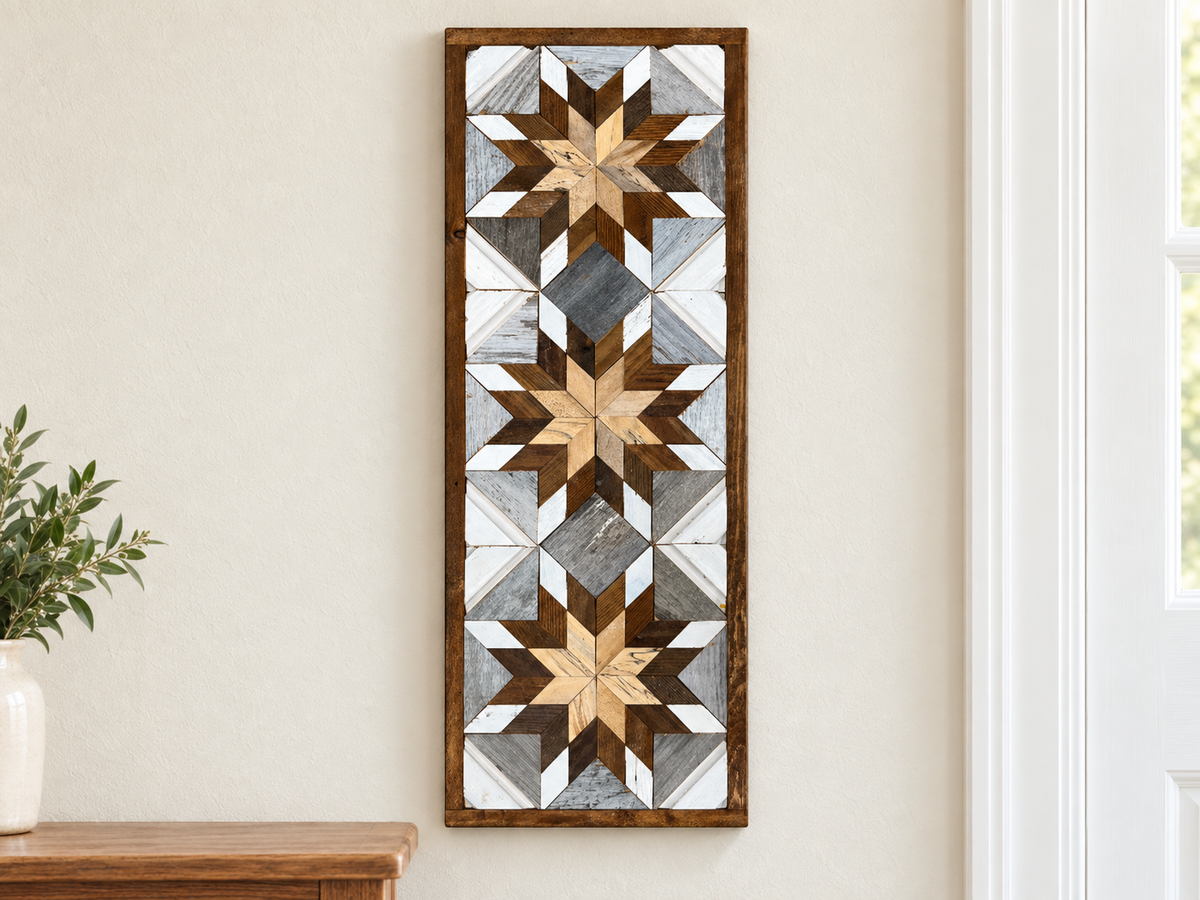 Amish Handmade Barn Quilt Banner featuring a colorful geometric design, measuring 10.5 x 30 inches, displayed vertically.