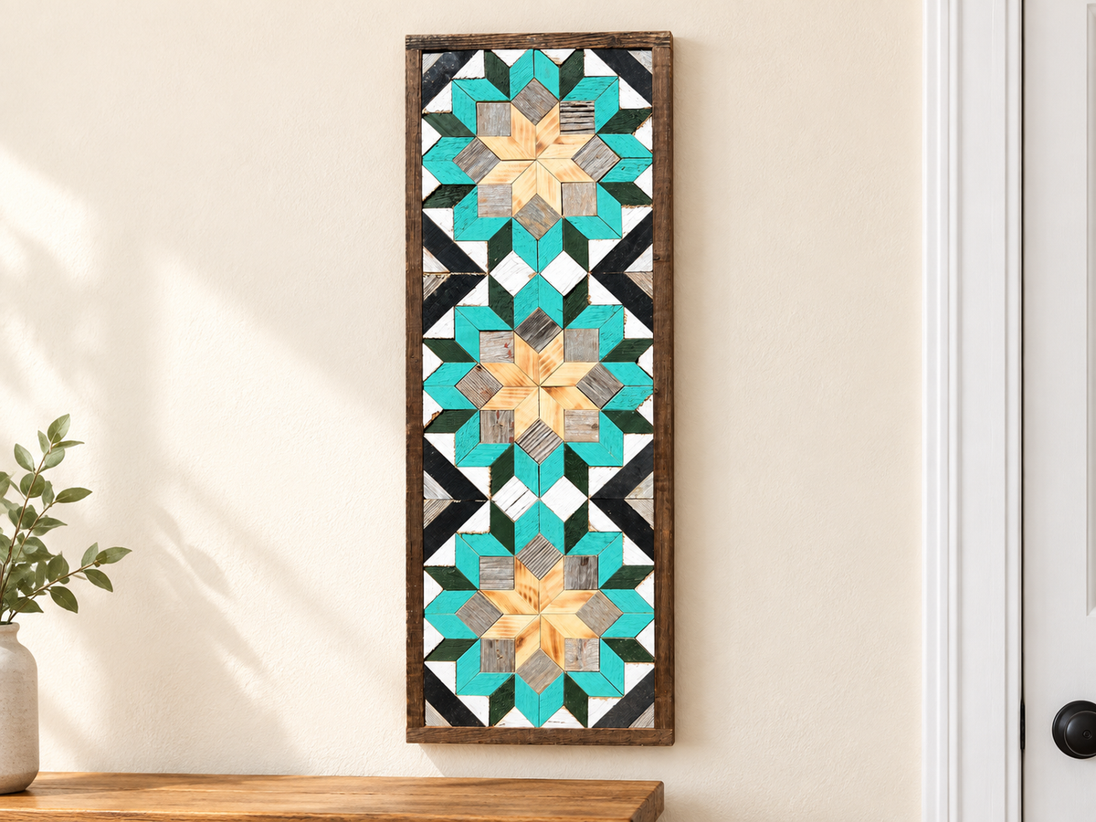 Amish handmade barn quilt banner featuring traditional geometric patterns, measuring 10.5 x 30 inches, from Amish Country Store.