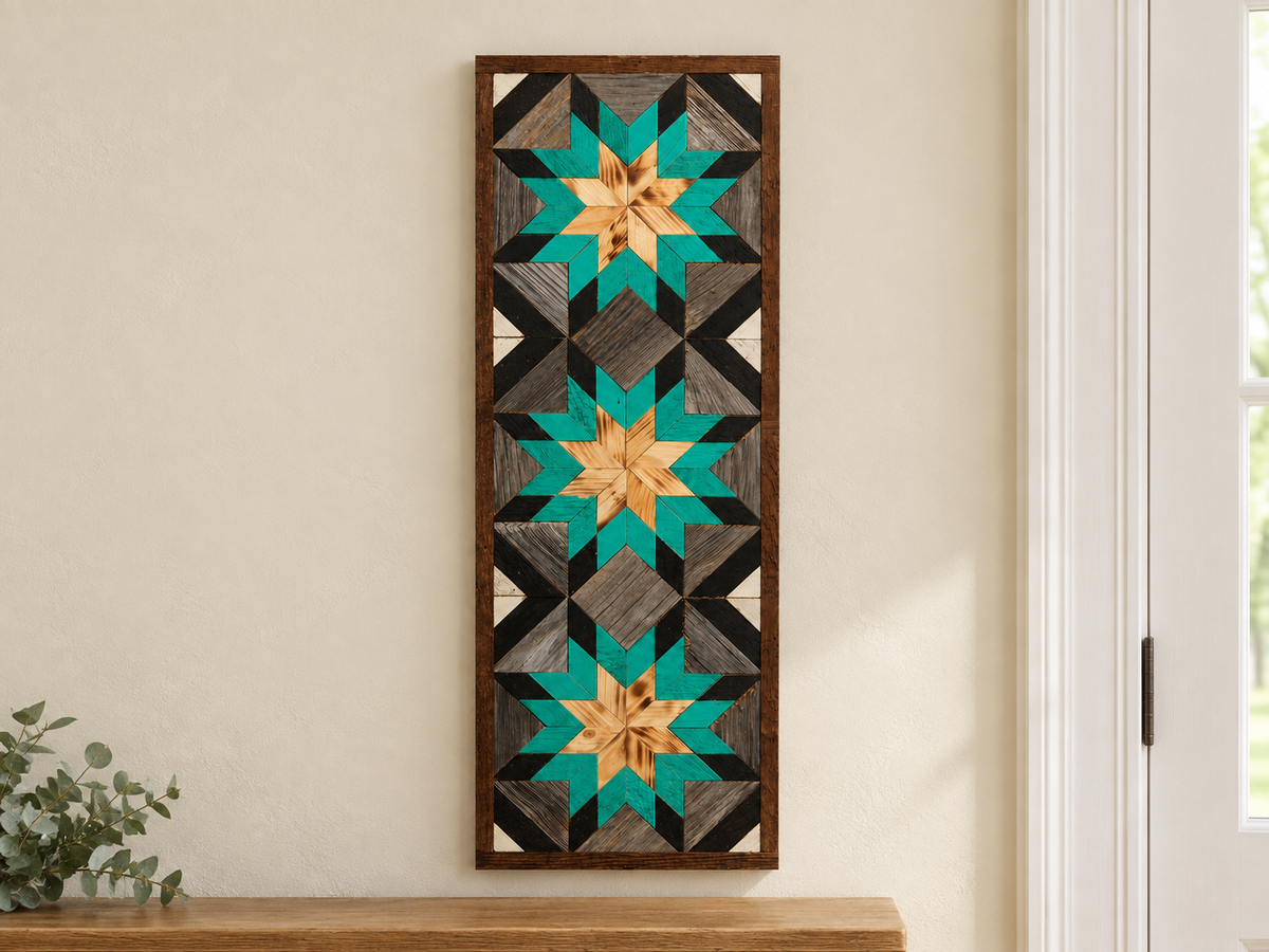 Amish handmade barn quilt banner featuring colorful geometric patterns, measuring 10.5 x 30 inches, displayed on a wall.