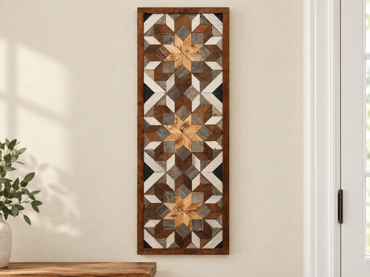 Amish Handmade Barn Quilt banner featuring a colorful geometric pattern, 10.5 x 30 inches, crafted by Amish Country Store.